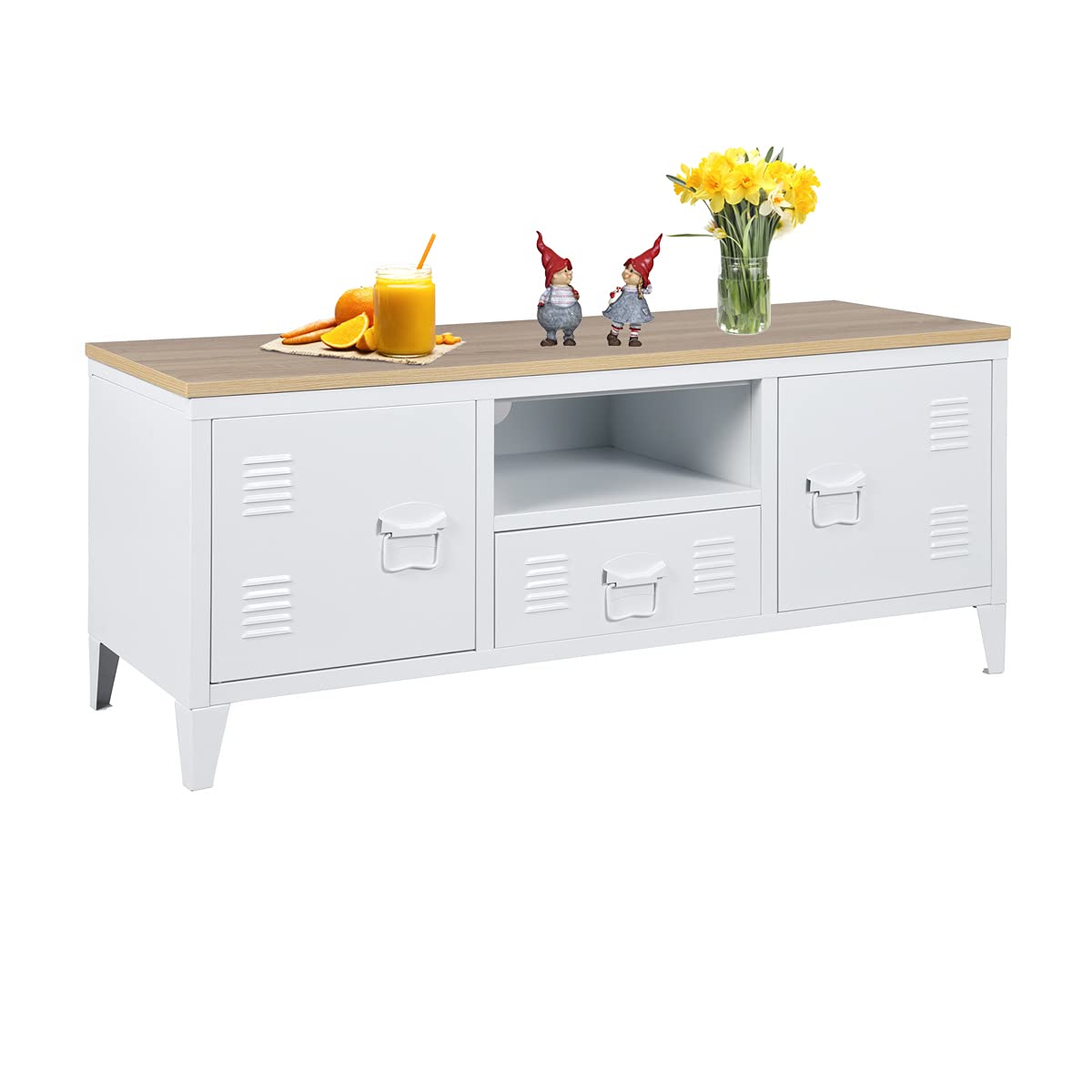 Mid-Century Modern Coffee Table with Hidden Storage - Solid Wood Top & Sturdy Iron Base Sofa Console Table with Metal Cabinets - White 47