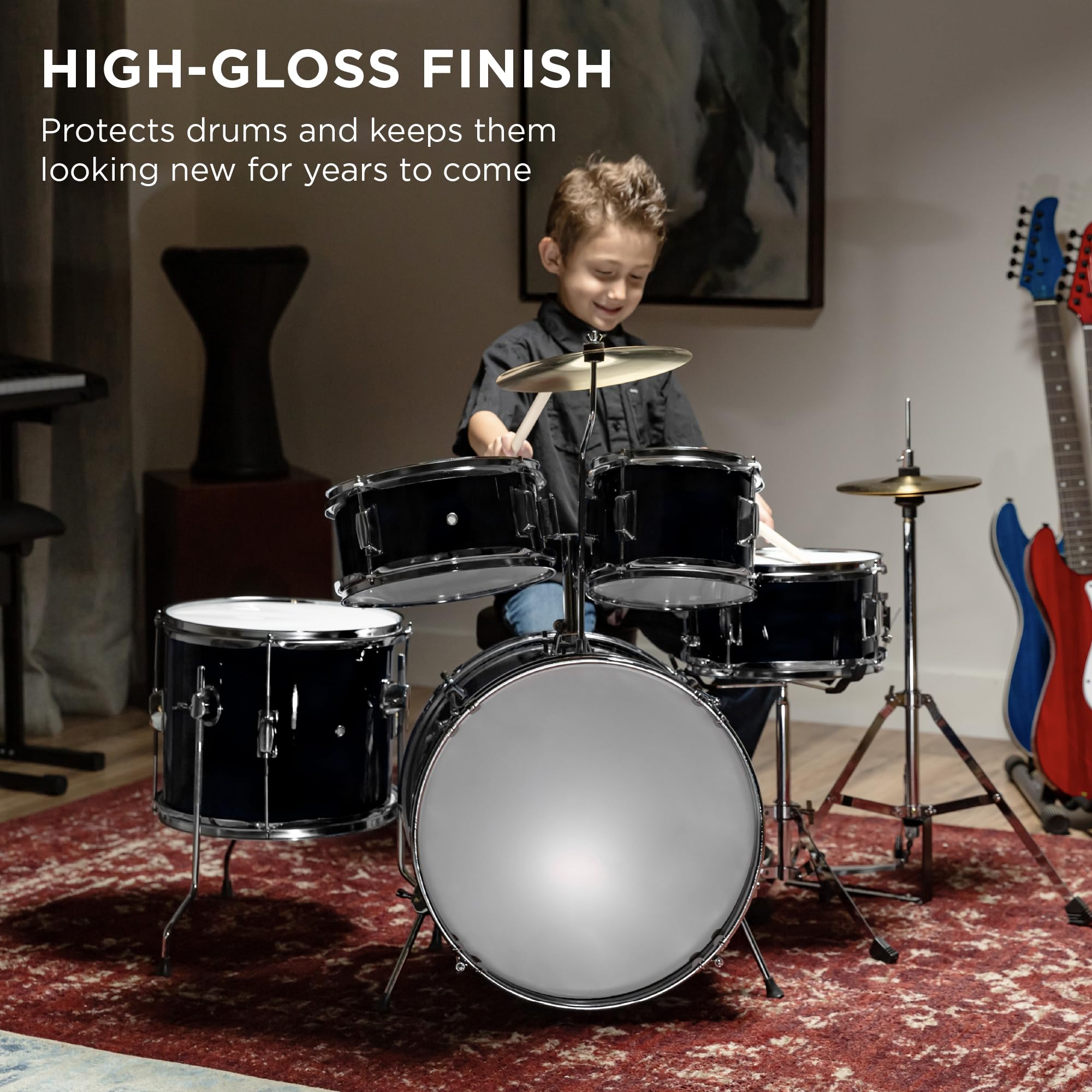 Best Choice Products 5-Piece 16in Kids Drum Set - Junior Drum Kit with Cymbals, Pedal, Drumsticks, Stool, Toms, Snare & Hi-Hat - Perfect Beginner Percussion Set for Children (Black) | Ideal for Home Practice, Music Lessons & Early Childhood Development