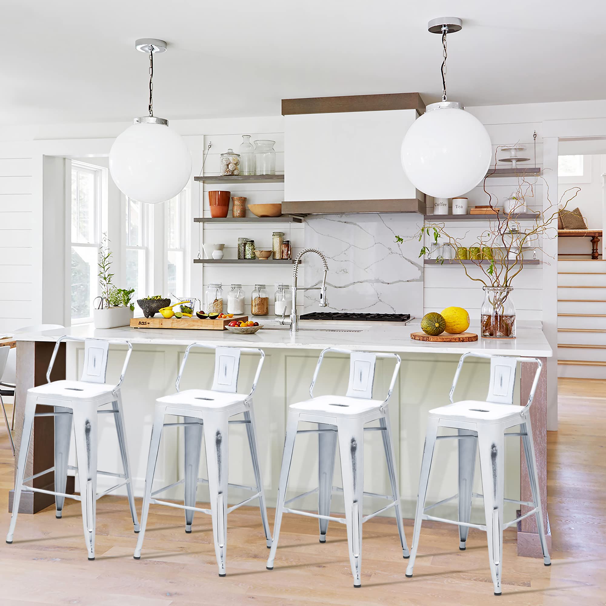 Changjie Furniture Set of 4 Industrial Metal Bar Stools with Backs - 26 Inch Distressed White Counter Height Stools for Bistro, Cafe & Home Kitchen Use