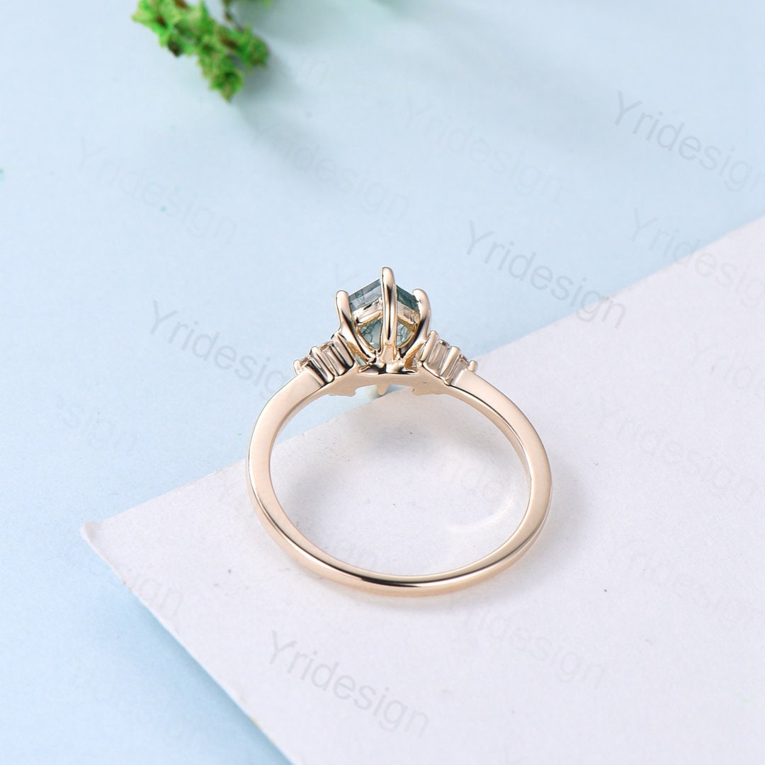 Vintage Gold Moss Agate Hexagon Ring with Moissanite Cluster - Art Deco Engagement, Wedding & Promise Ring for Women - Perfect for Bridal Jewelry, Anniversary Gifts & Special Occasions