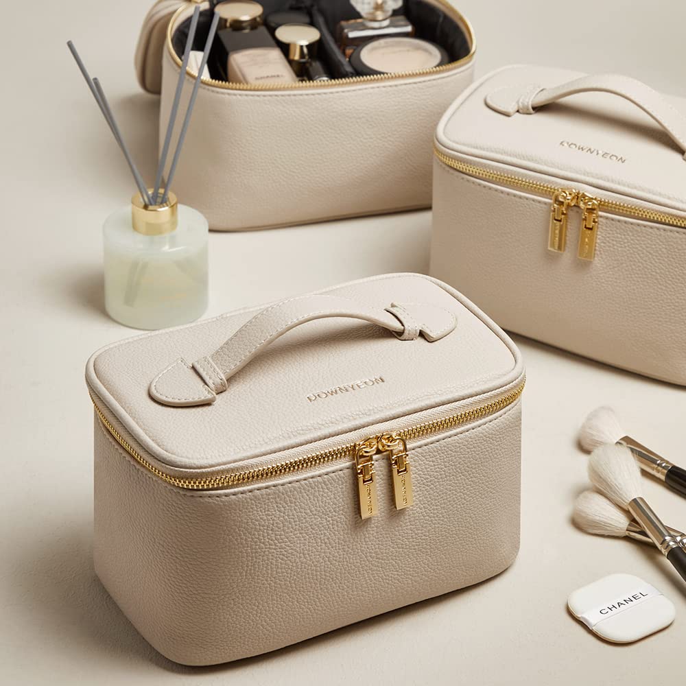 ROWNYEON Premium Travel Makeup Bag for Women - Waterproof Cosmetic Organizer with Portable Train Case Design, Perfect for Toiletries & Beauty Essentials | Ideal for Vacation, Gym, and Daily Use (Beige)