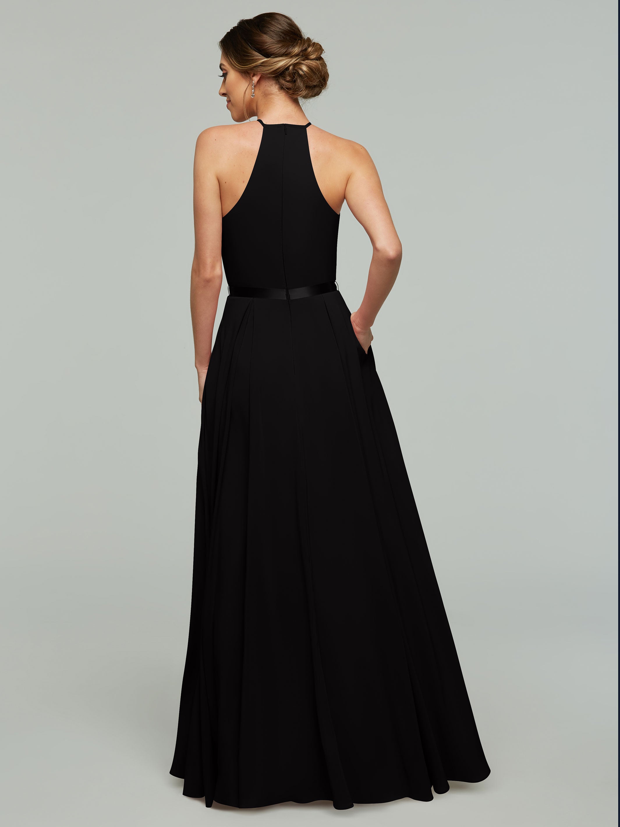 Elegant A-Line Stretch Chiffon Bridesmaid Dress with Halter Neckline & Waist Belt - Perfect for Weddings, Formal Events & Special Occasions