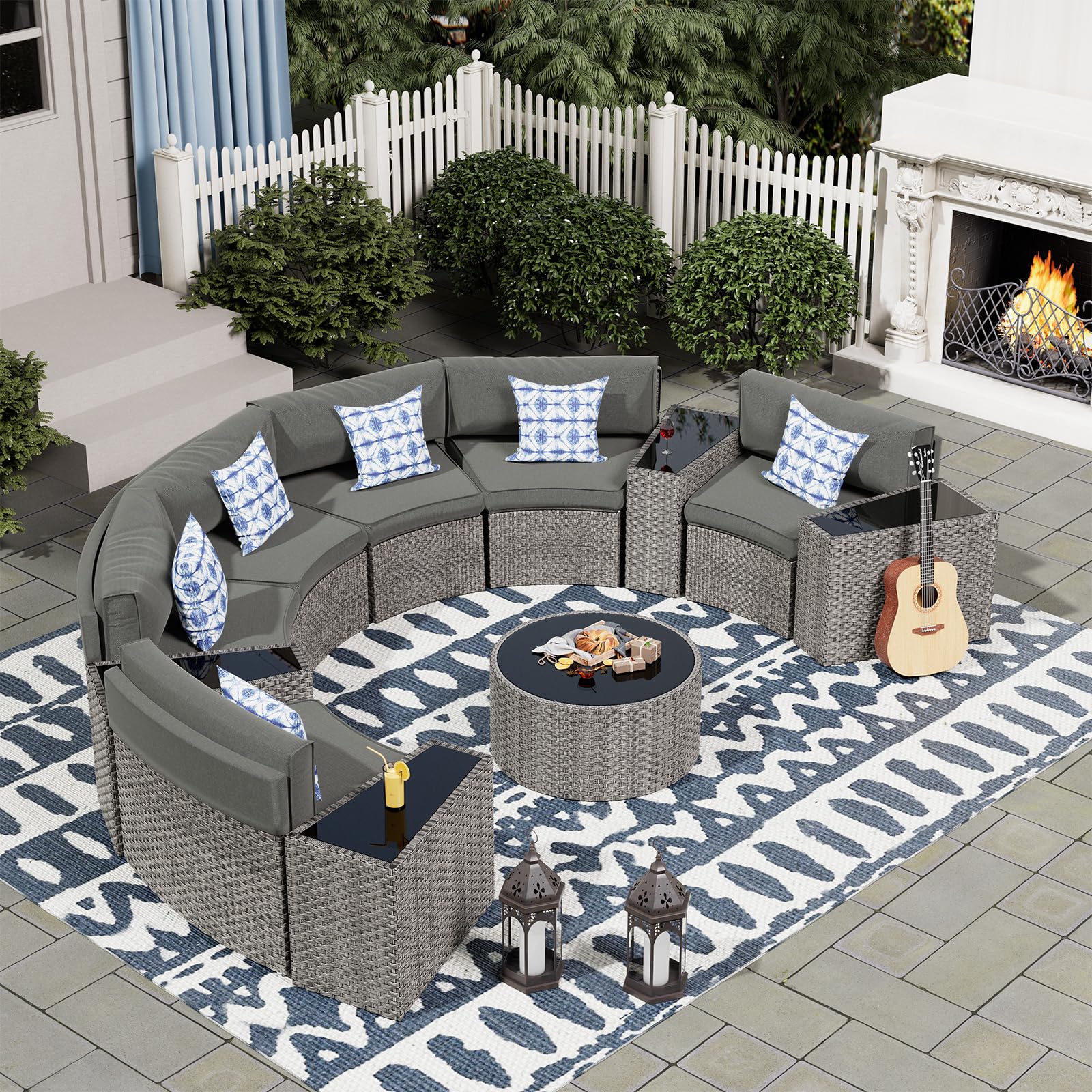 UDPATIO 11-Piece Fully Assembled Outdoor Sectional Sofa Set - Half Moon Curved Modular Wicker Furniture with Round Coffee Table & Waterproof Cover - Heavy Duty Patio Furniture for Porch, Backyard, Garden (Grey) | Perfect for Outdoor Entertaining, Poolside Relaxation & Family Gatherings
