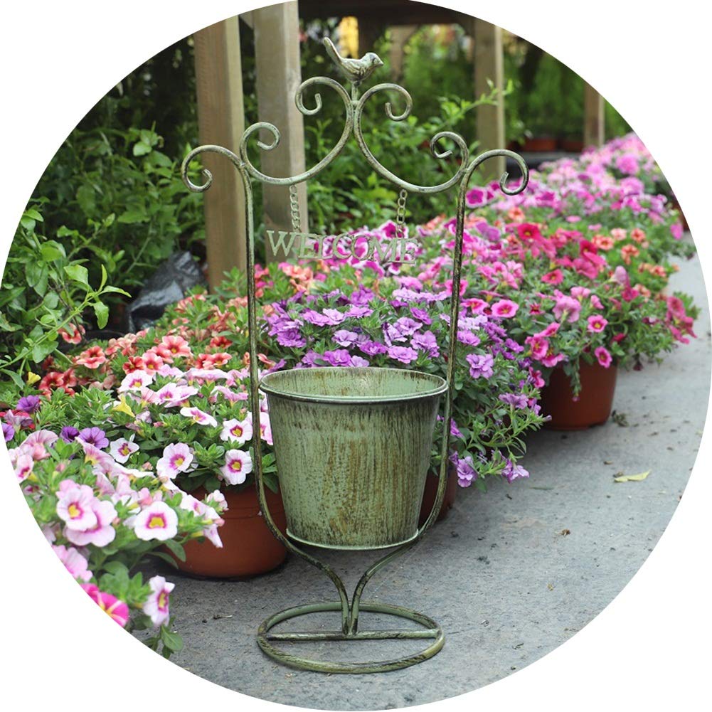 ZENGAI Wrought Iron Flower Pot Stand - Retro Decorative Plant Shelf for Outdoor Balcony, Garden & Courtyard | Durable Green Display Rack (H55cm) | Perfect for Small Bird Decor & Container Gardening