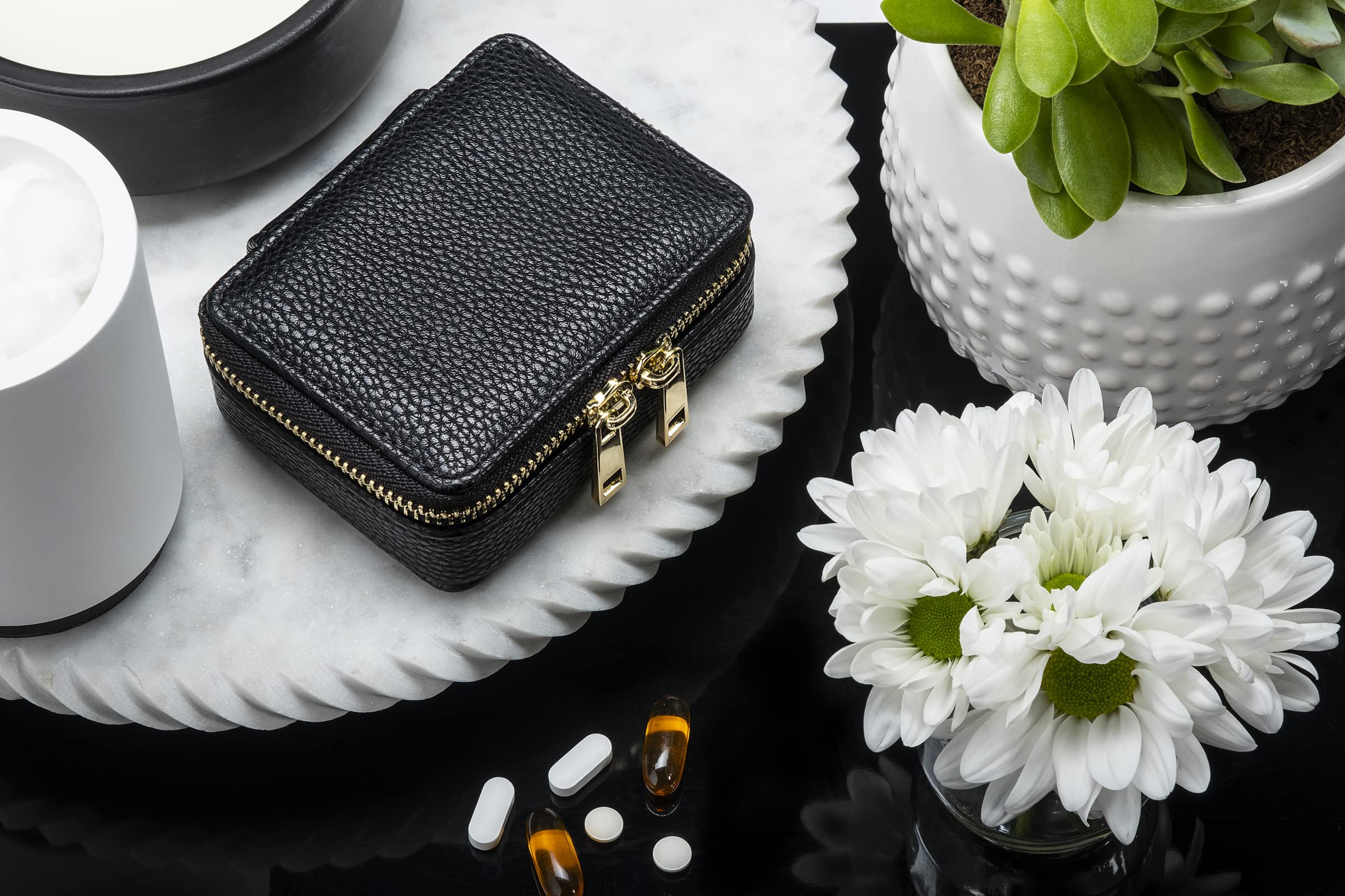 Vegan Leather 7-Day Pill Organizer with Removable Compartments - Portable Travel Pill Case for Medications & Vitamins - Perfect for Daily Use, Business Trips & Vacation Essentials (Black)