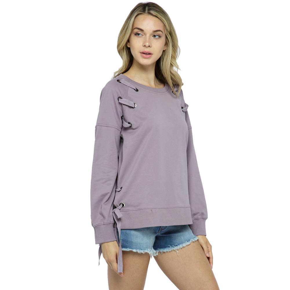 Vocal Apparel Light Purple Ilet Lace Up Long Sleeve Sweatshirt | Women's Fashion Pullover | Casual Streetwear & Loungewear for Fall/Winter