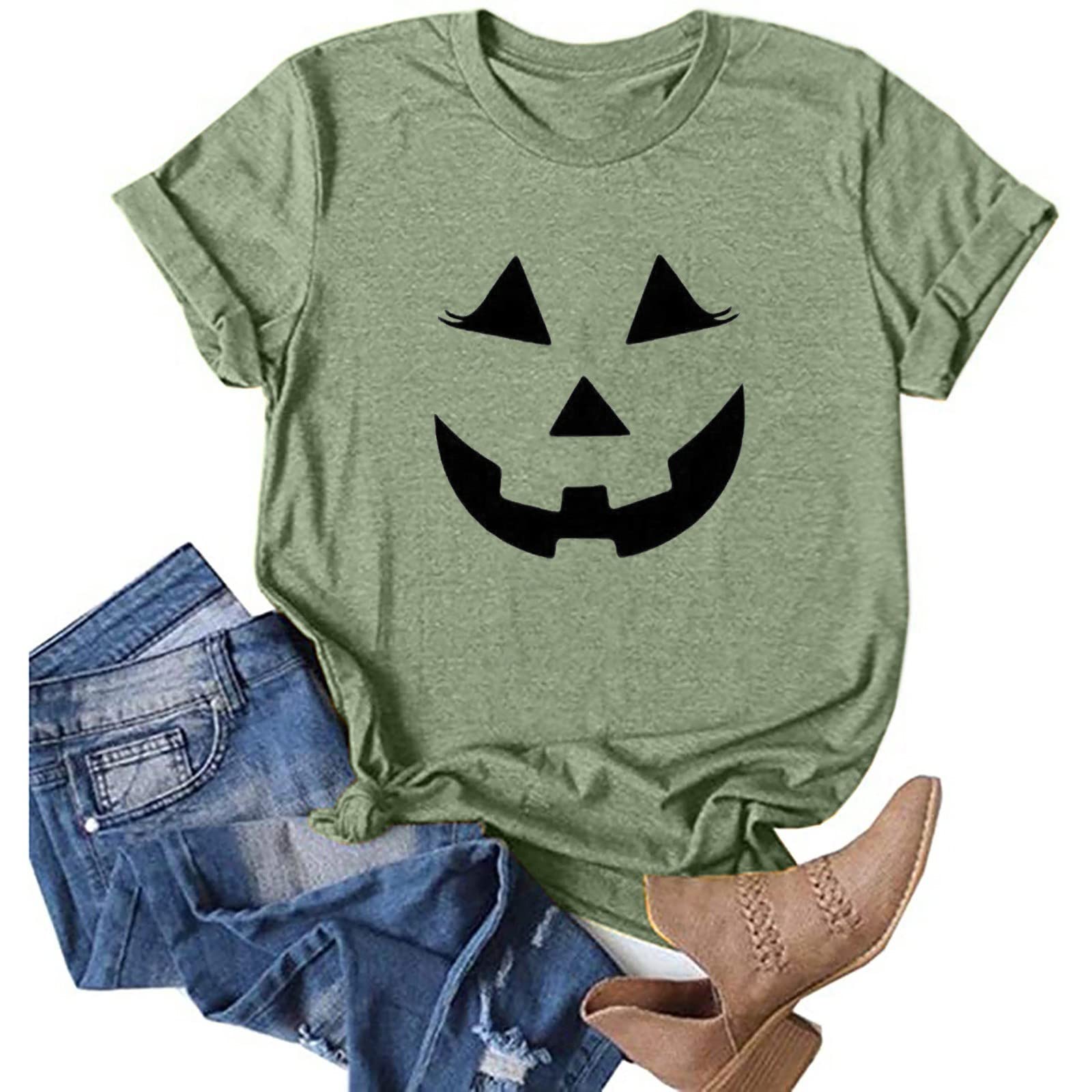 HAOREEKZ Women's Halloween Sweatshirt - Fashion Casual Printed Short Sleeve T-Shirt Top for Halloween Party, Costume Cosplay & Spooky Season Outfits