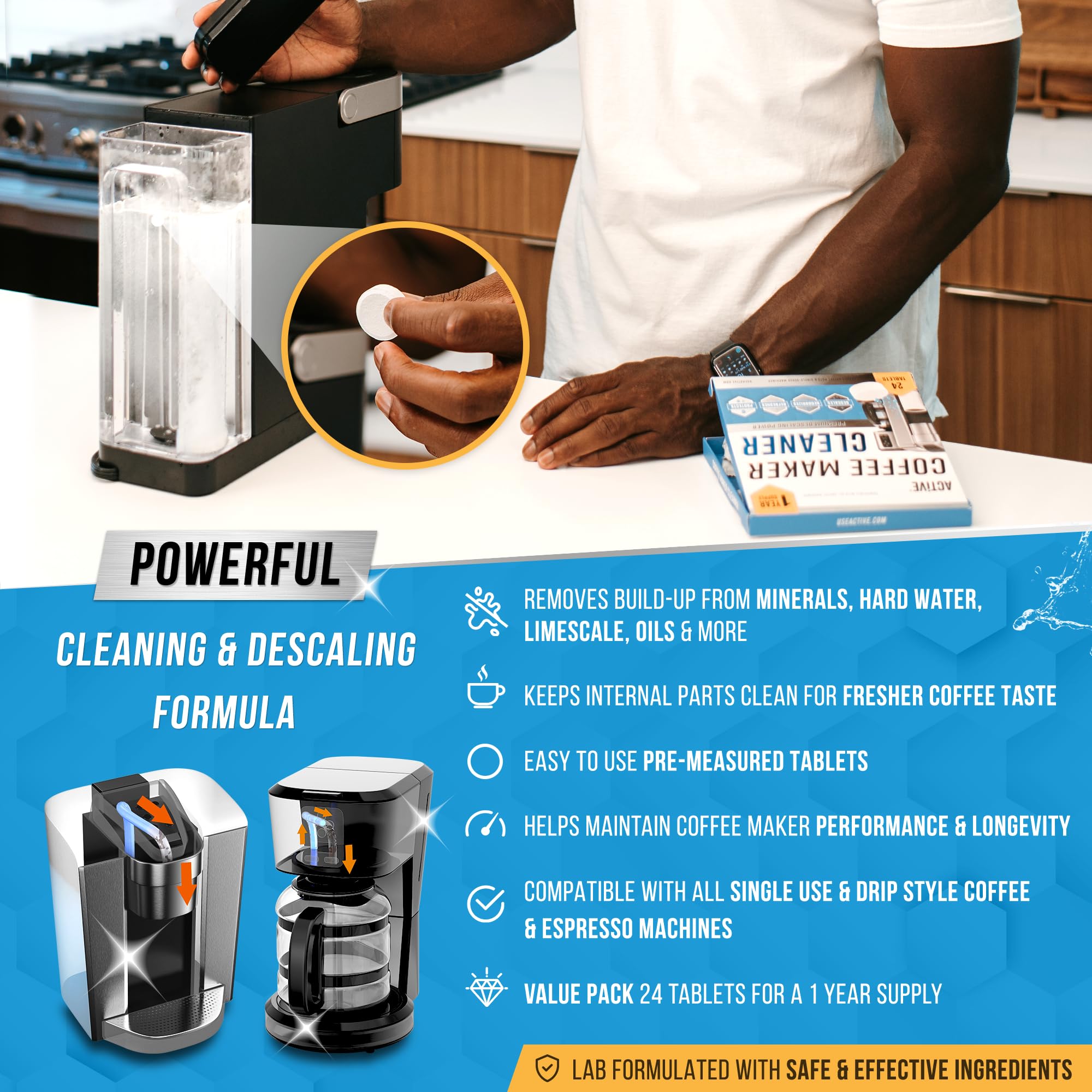 ACTIVE Coffee Maker Cleaner & Dishwasher Cleaner - 24ct Descaling Tablets for Coffee Machines + 24ct Dishwasher Cleaning Tablets | Deep Clean & Maintain Appliances for Fresh Coffee & Spotless Dishes
