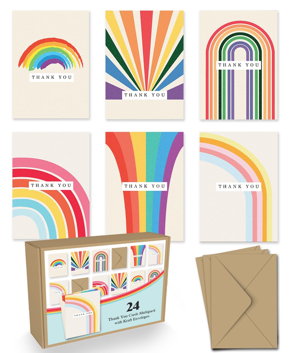 Eco-Friendly Thank You Cards Multipack with Envelopes - 24 Rainbow Greeting Cards for Teachers, Kids, Christmas & Notes | Perfect for Classroom Gifts, Holiday Thank Yous & Appreciation Cards