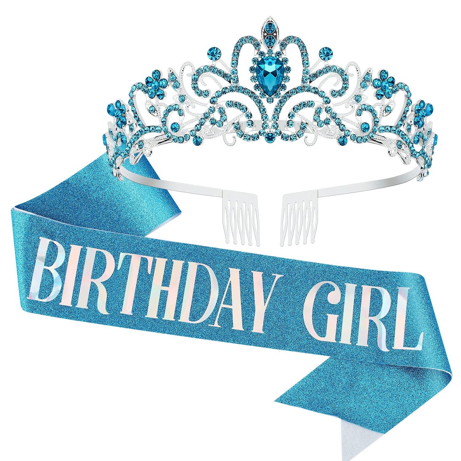 VELSCRUN Girls Birthday Tiara Crown & Sash Set - Princess Party Decorations for Birthday Celebrations, Gifts for Girls | Perfect for Birthday Parties, Princess Themed Events & Photo Shoots