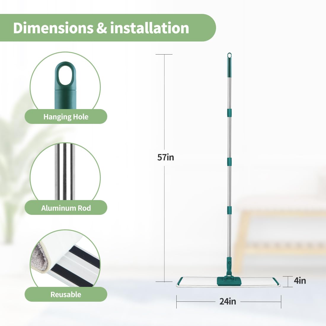 CQT Commercial Flat Microfiber Floor Mop Cleaning System - 24 Inch Wet Dry Dust Mop for Hardwood, Laminate & Tile Floors - Includes 4 Washable Pads & Stainless Steel Handle with Extension (PT14 Green) - Perfect for Homes, Offices & Commercial Spaces
