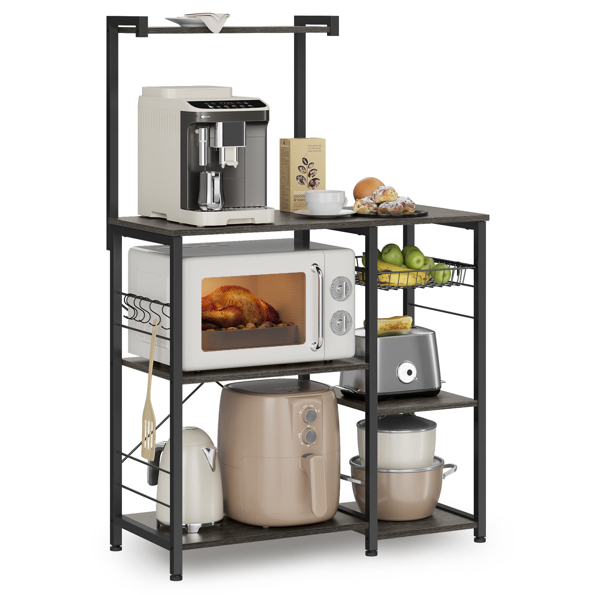 VASAGLE Kitchen Storage Rack with Shelves & Wire Basket - Microwave Stand, Baker's Rack with 6 Hooks for Spices, Pots & Pans - Charcoal Gray & Black UKKS035B04 - Perfect for Small Kitchens, Pantry Organization & Countertop Storage