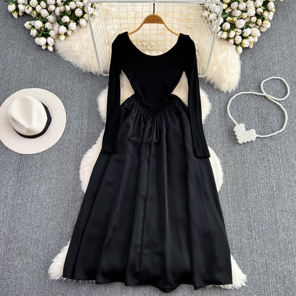 Elegant French Square Neck Long Sleeve A-Line Skirt - Women's Vintage Style Maxi Dress for Wedding, Party & Formal Occasions