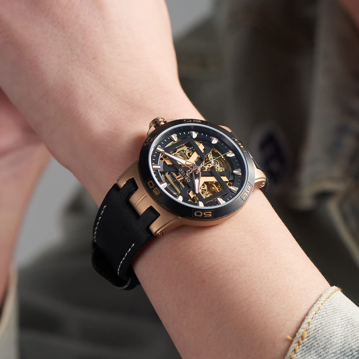 **Black Skeleton Automatic Watch for Men - Waterproof Military Watch with Genuine Crazy Horse Leather Strap - Perfect for Outdoor Adventures, Casual Wear & Formal Occasions**