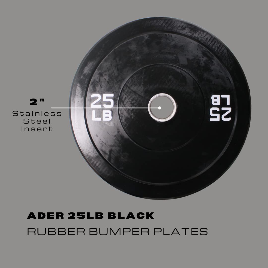 Ader 25lb Black Rubber Bumper Plates Pair - Durable Olympic Weight Plates for CrossFit, Home Gym & Strength Training