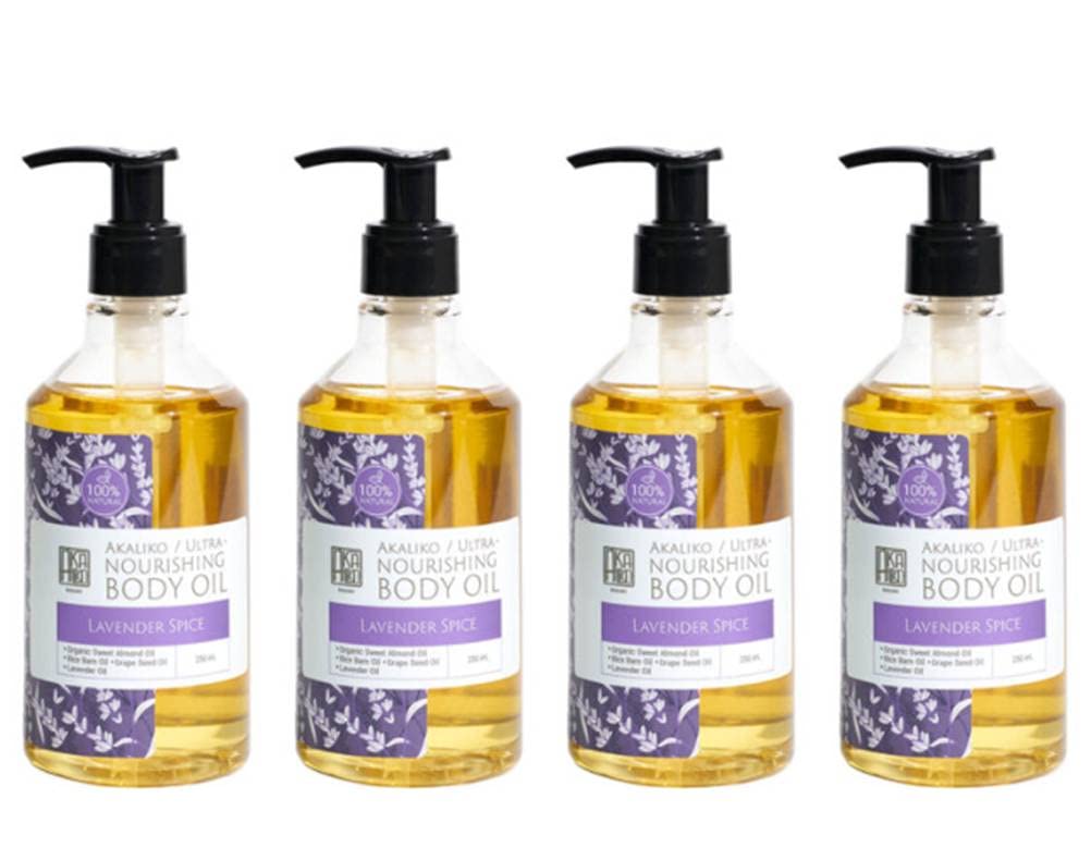 AKALIKO Lavender Nourishing Body Oil for Very Dry Skin - 8.45 Fl Oz (Pack of 4) | Hydrating Moisturizer for Cracked Hands, Elbows & Feet | Perfect for Winter Care, Massage & Aromatherapy Relaxation