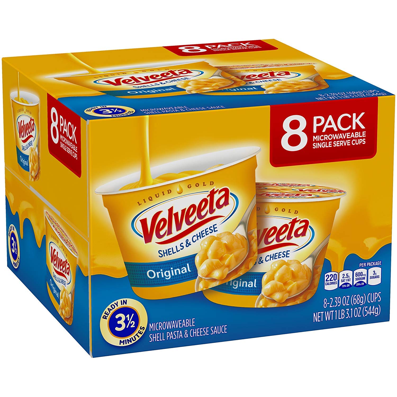 Velveeta Shells & Cheese Pasta - Original Flavor Microwave Cups (8 Count, 2 Pack) | Quick & Easy Single-Serve Meal for Office Lunch, College Dorm Snacks & Busy Weeknights