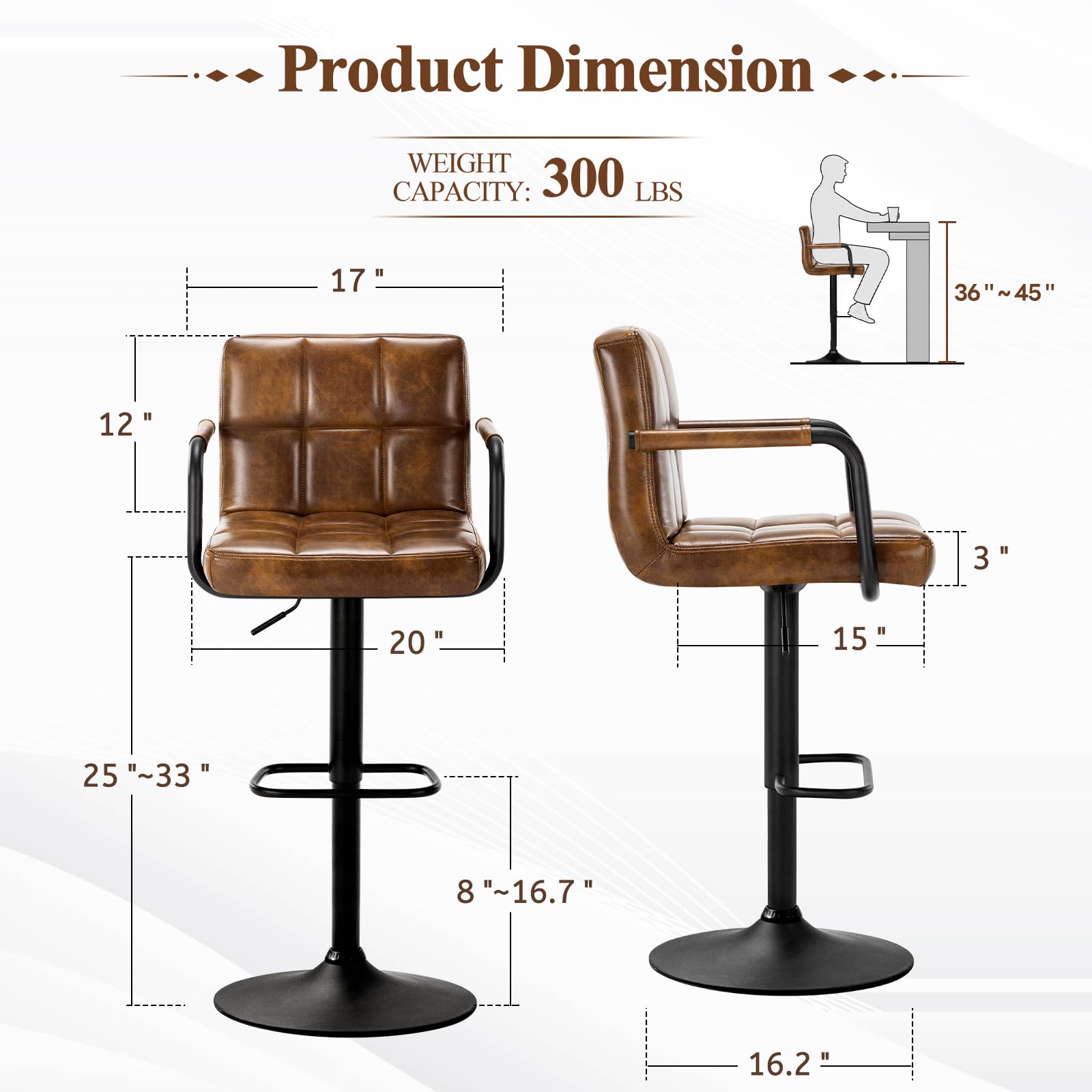 Furniliving Set of 2 Modern PU Leather Bar Stools with Back & Armrest - Adjustable Height Kitchen Counter Stools for Bar, Pub, Cafe & Home Dining (Yellow Brown) | Perfect for Breakfast Nooks, Kitchen Islands & Entertainment Spaces