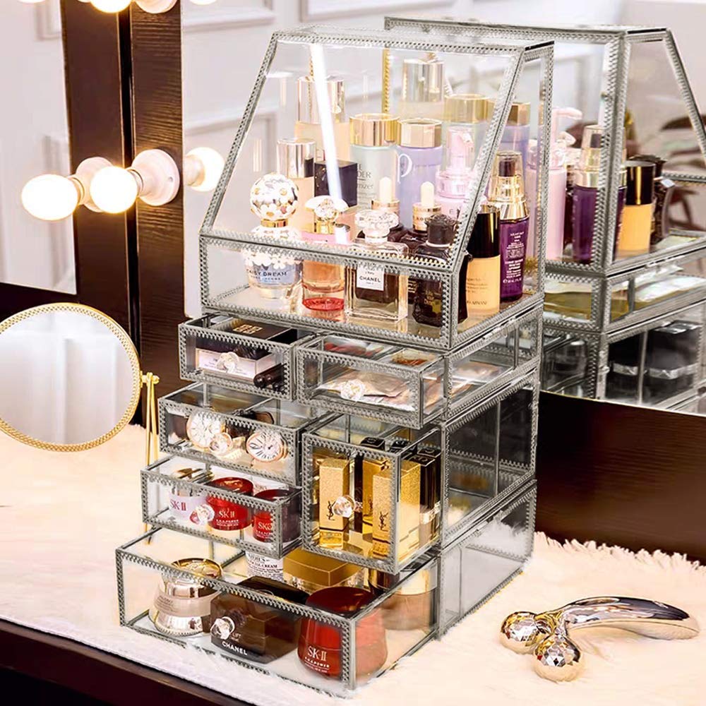 Antique Spacious Mirror Glass Drawers Set - 4-Piece Metal Cosmetic Makeup & Jewelry Storage Organizer with Dustproof Design (Silver) - Perfect for Vanity, Dressing Table, and Bedroom Decor