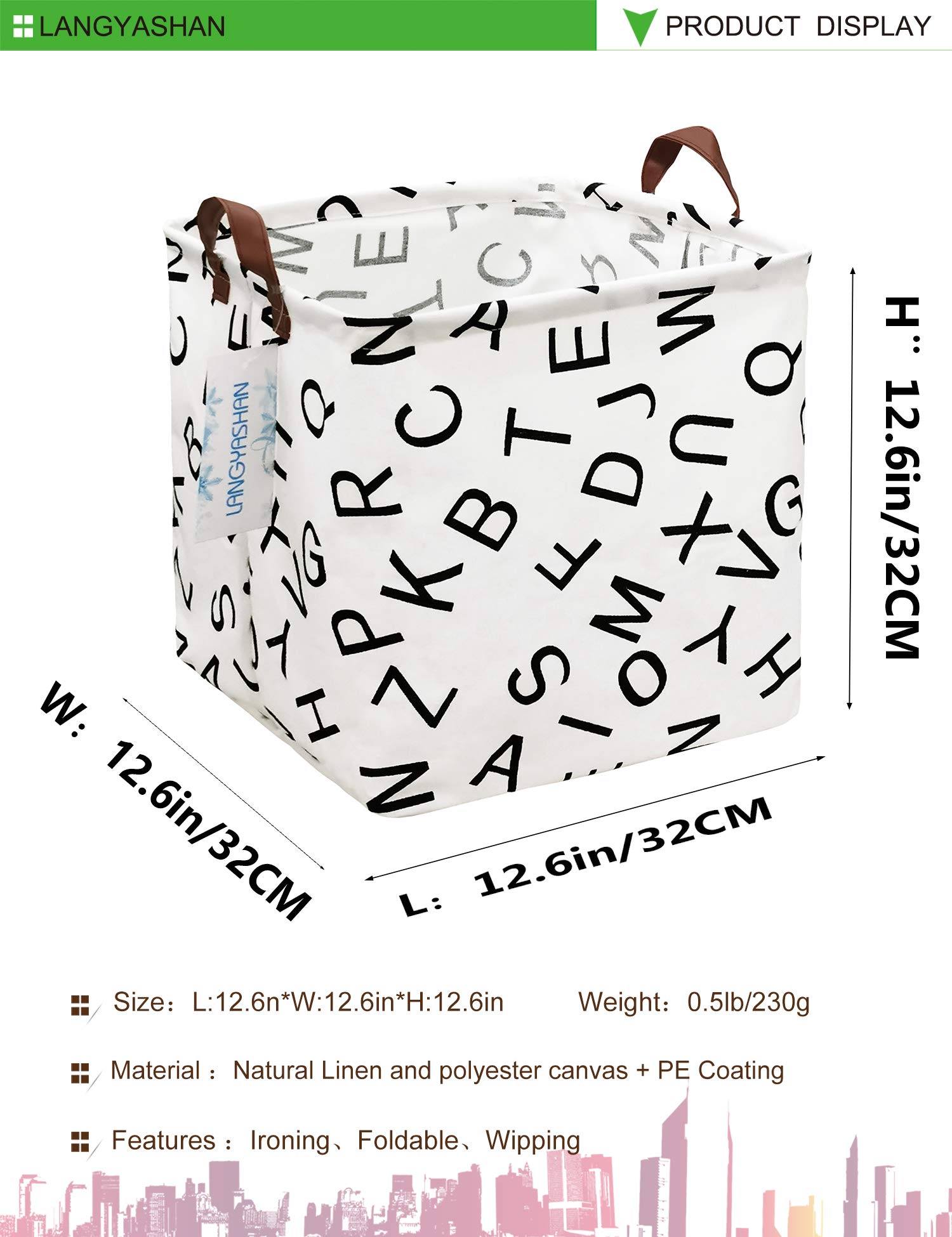LANGYASHAN Square Storage Baskets - Waterproof Canvas Laundry Hamper for Kids, Nursery Toy Organizer & Room Decor - Perfect for Shelves, Closet Organization & Gift Baskets (Alphabet Pattern) - Ideal for Baby Room, Playroom & Home Storage Solutions