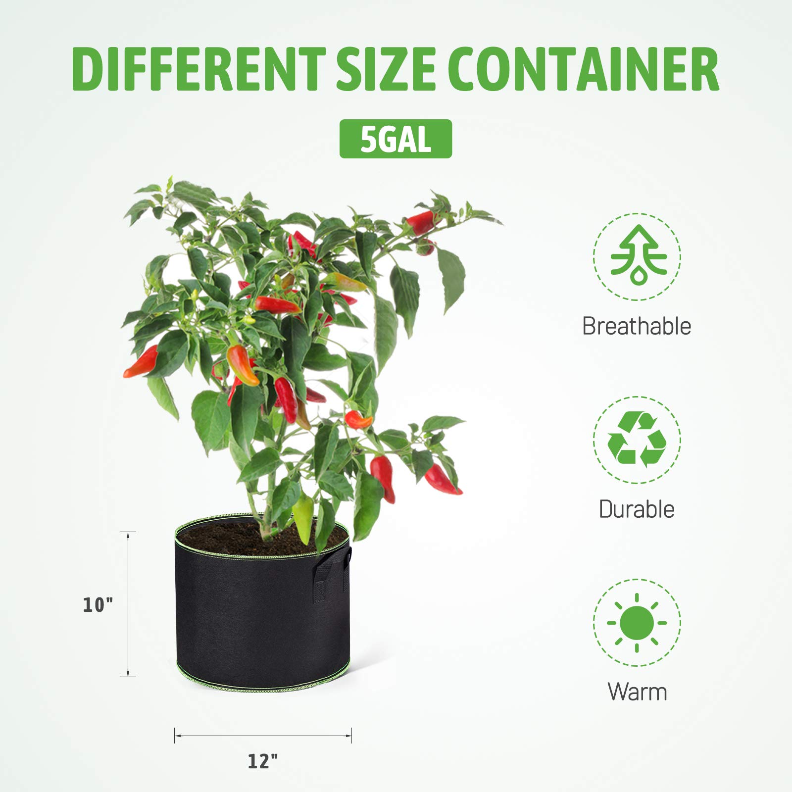 Delxo 5 Gallon Garden Grow Bags - 10 Pack Reusable Fabric Plant Pots for Vegetables, Herbs, Flowers - Breathable & Durable Planting Containers for Indoor/Outdoor Gardening, Balcony & Patio Use