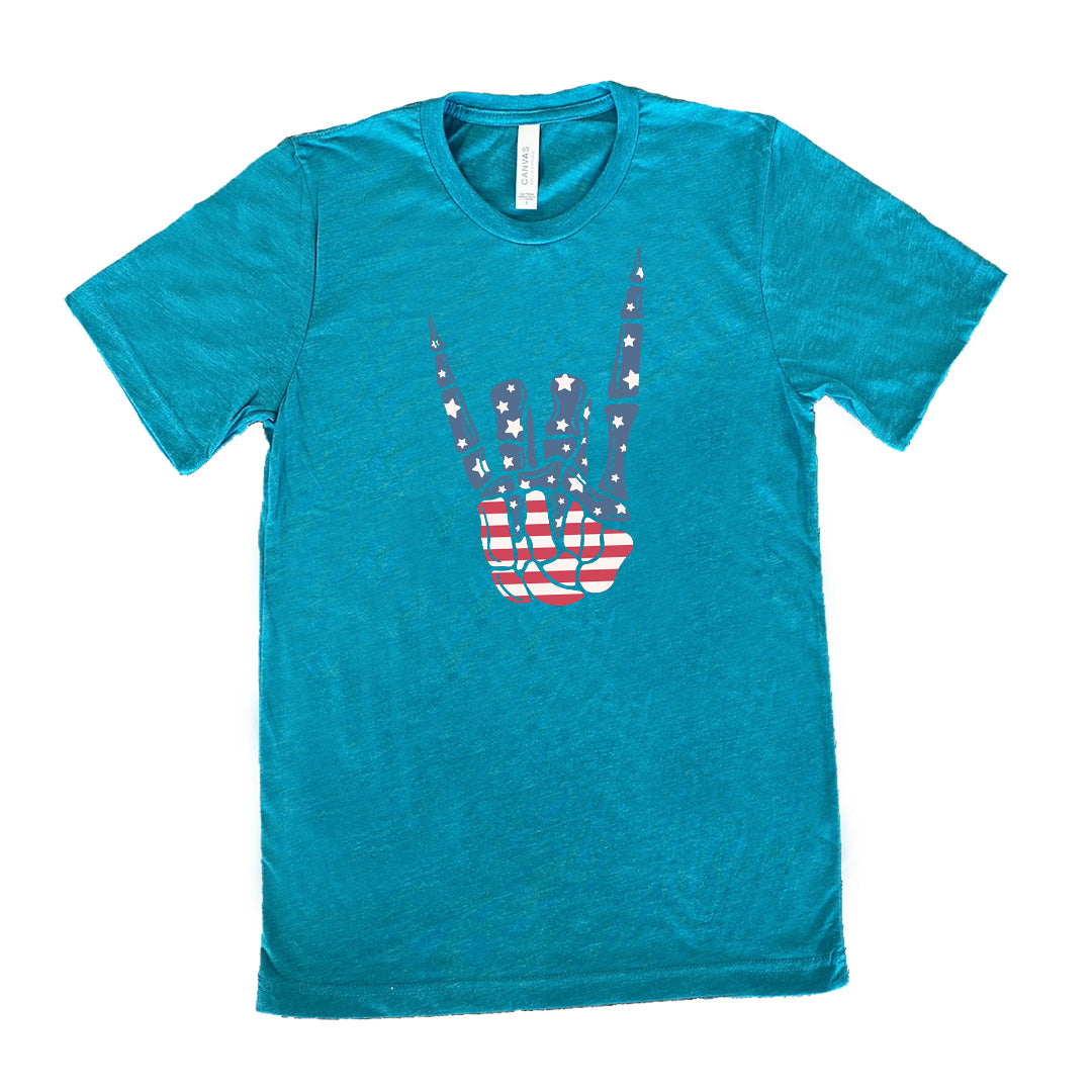 Patriotic American Flag Skeleton Hand T-Shirt - Unisex Graphic Tee for Men & Women - Perfect for Halloween, Independence Day & Patriotic Events