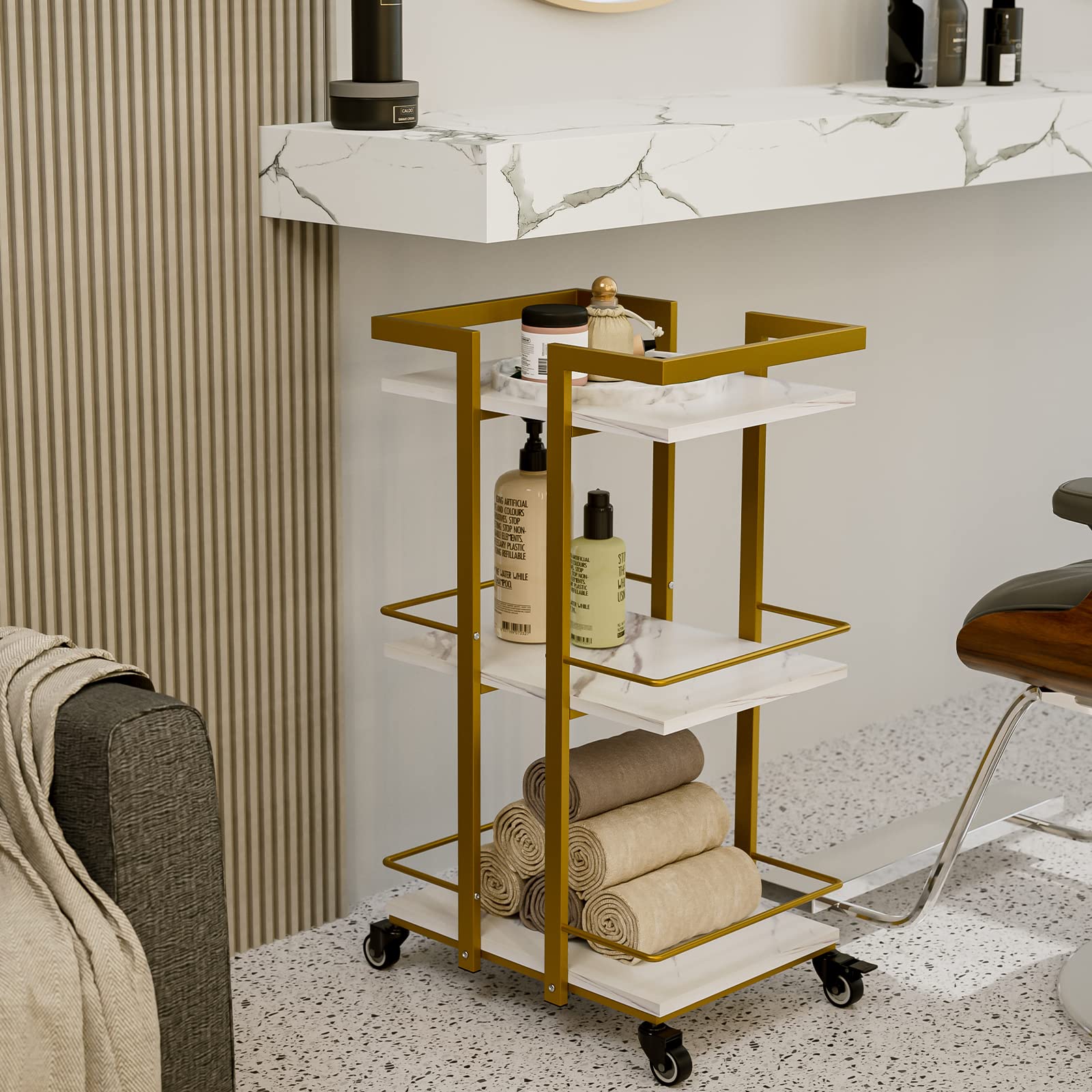 Paddie Esthetician Cart with Wheels - Professional Salon & Lash Spa Rolling Trolley - White & Gold Beauty Station - Perfect for Eyebrow, Lash Extensions & Facial Treatments