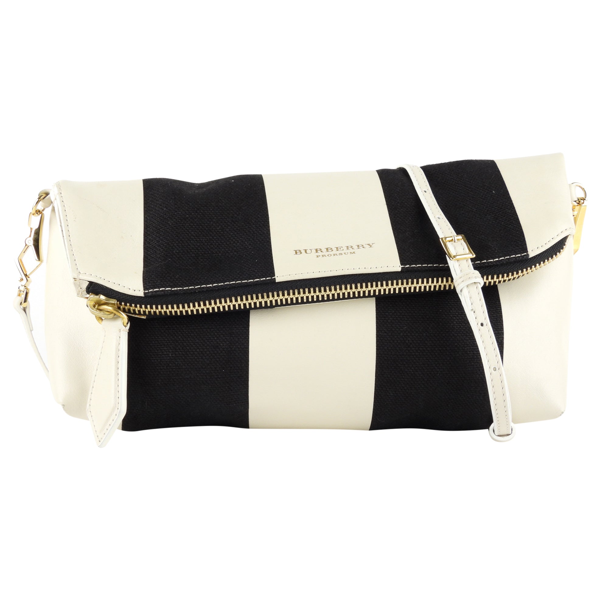 Burberry Prorsum Black & White Striped Coated Canvas Zip Pouch with Adjustable Strap - Luxury Crossbody Bag for Women, Perfect for Travel & Everyday Essentials