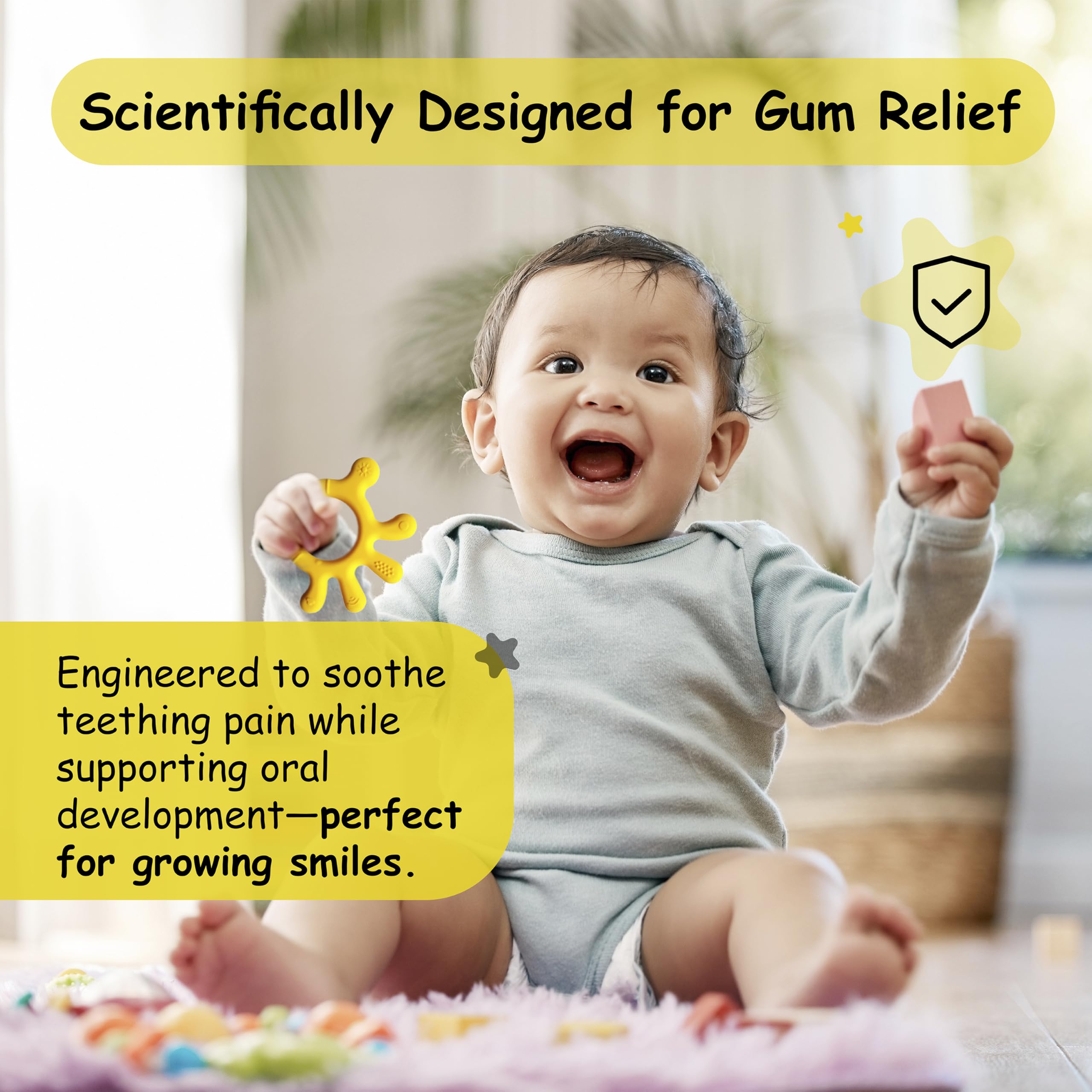 Chic Buddy Silicone Teether for Babies 3-12 Months - BPA Free Teething Toy with Soft Textures to Soothe Gums | Easy to Clean, No-Choke Design (Finger Delight Yellow) | Perfect for Home, Travel & Daycare Use