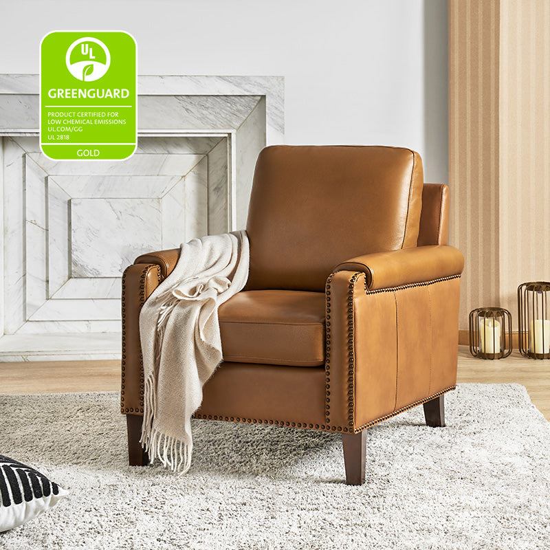 Nathaniel Transitional Style Genuine Leather Armchair - Premium Brown Leather Lounge Chair for Living Room, Office & Study - Comfortable Reading Chair with Padded Seat & Wooden Legs