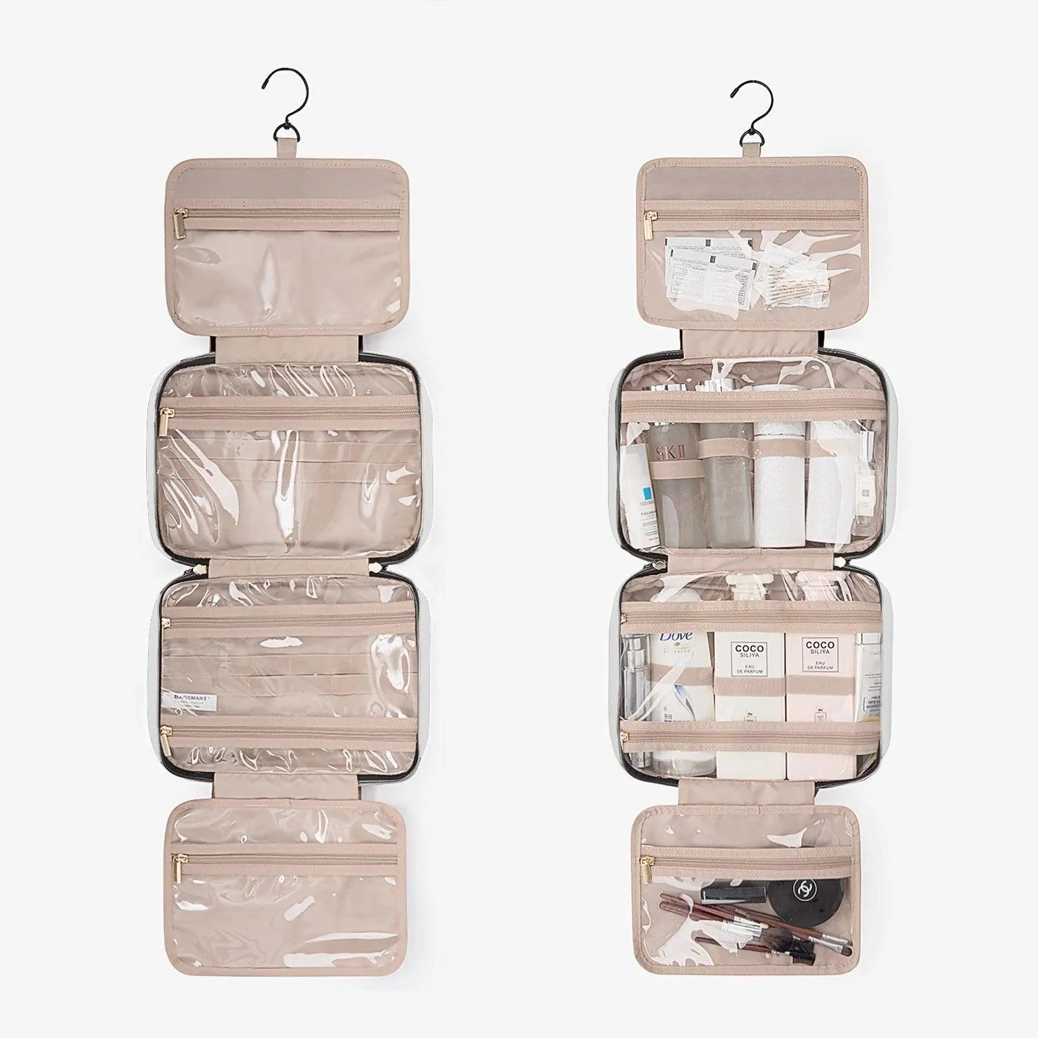 Bonchemin Beige Space Saving Toiletry Bag for Travel - Compact Hanging Cosmetic Organizer with Multiple Pockets, Perfect for Bathroom, Camping & Gym Essentials