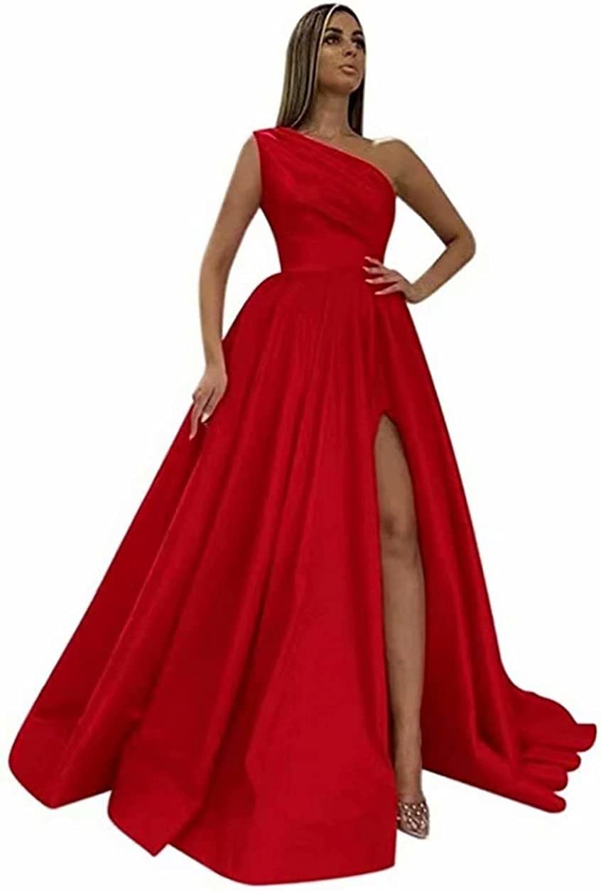 Fiedly Women's Elegant One Shoulder Bridesmaid Dress - Satin Prom Gown with High Side Slit, A-Line Formal Evening Dress for Weddings, Parties & Special Occasions