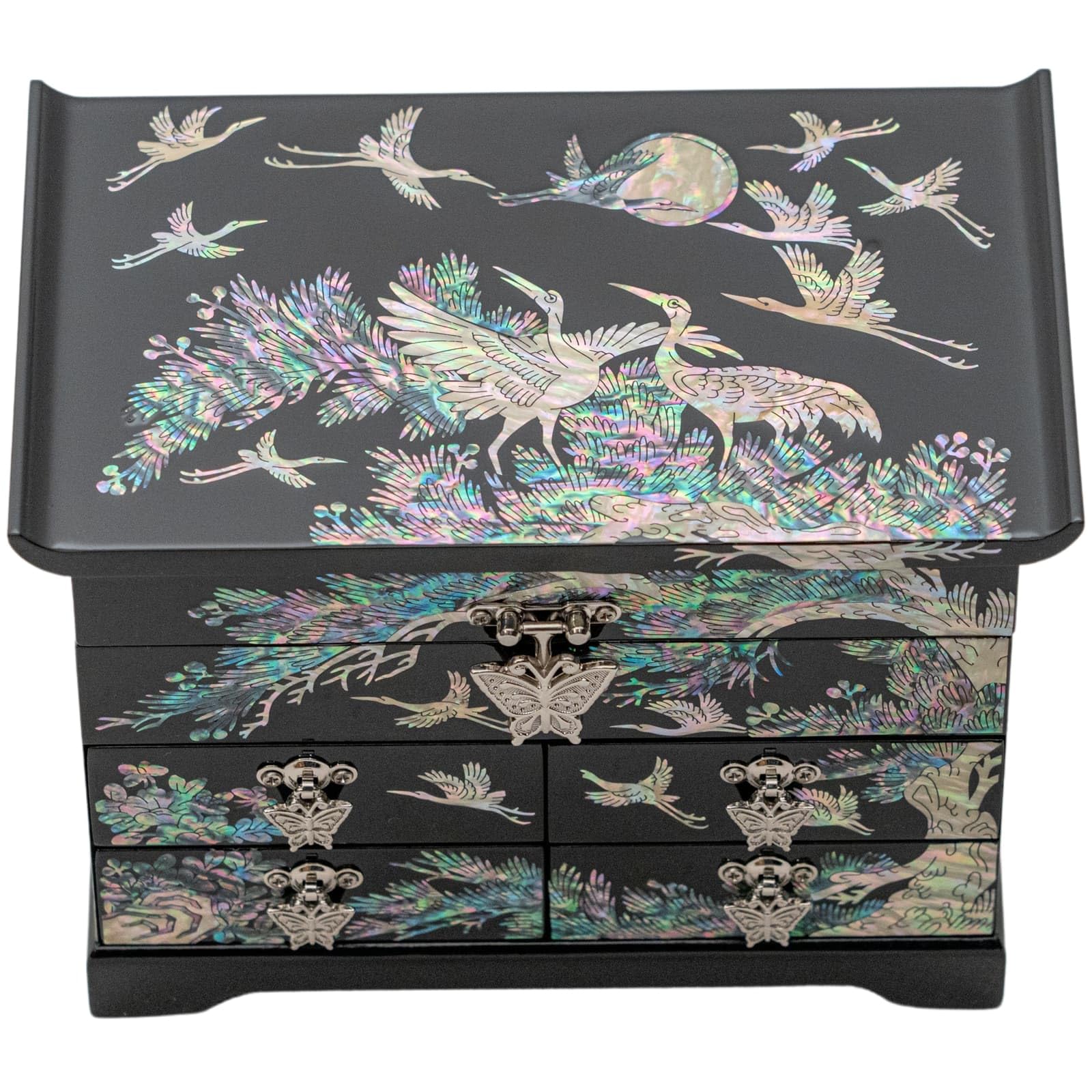 February Mountain Mother of Pearl Wooden Jewelry Organizer Box - Elegant Jewelry Storage with Spacious Drawers for Women | Perfect for Organizing Rings, Bracelets, Watches, Necklaces & Accessories | Great for Bedroom Vanity, Dresser Top or Travel Jewelry Case (Crane_Black)