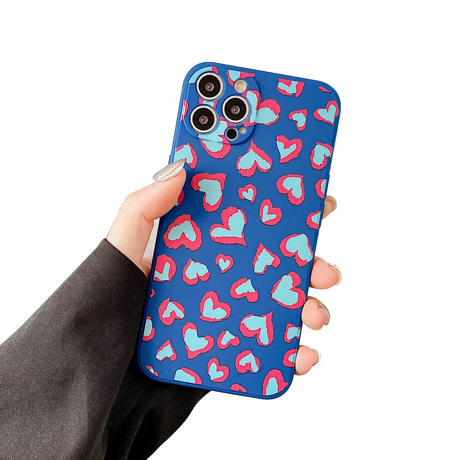 Ownest iPhone 12 Pro Max Case - Soft TPU Silicone Protective Cover with Cute Heart Leopard Pattern, Slim Fit for Women & Girls (Navy Blue/Rose) | Perfect for Daily Use, Work, School & Travel Protection