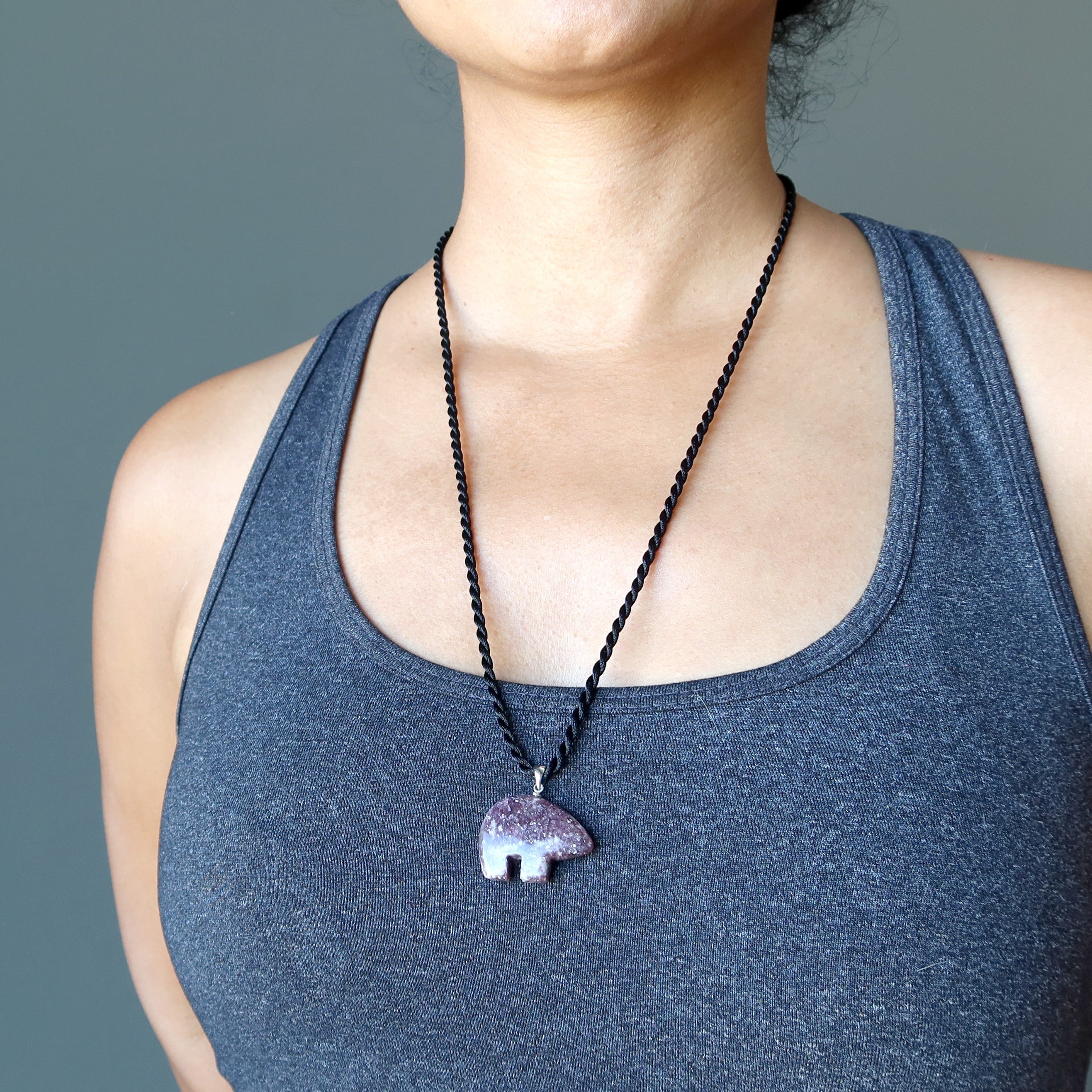 Lepidolite Necklace with Purple Bear Gemstone - Black Twist Cord for Stress Relief & Positive Energy | Perfect for Meditation, Yoga & Spiritual Healing