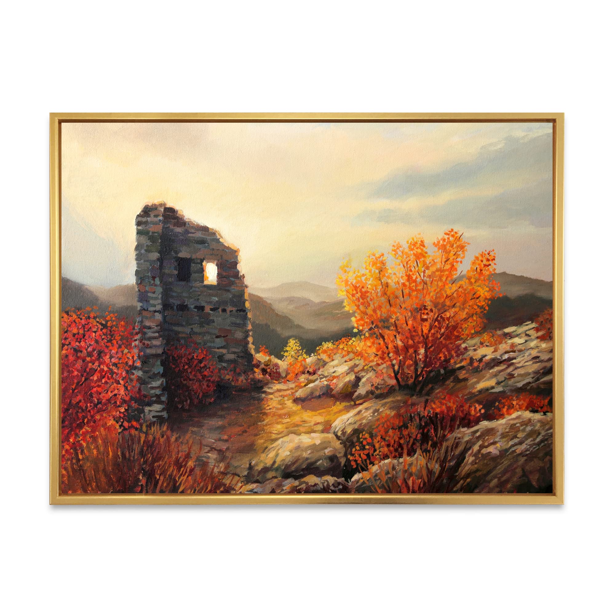 DesignQ Old Fortress Ruins Sunset Landscape Painting - Vintage Farmhouse Framed Canvas Wall Art Decor for Living Room, Bedroom & Office