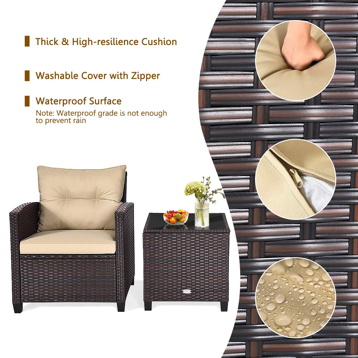KOTEK 3-Piece Outdoor Patio Furniture Set with Washable Cushions & Tempered Glass Tabletop - PE Rattan Wicker Bistro Set for Porch, Garden, Balcony, Backyard (Beige) | Perfect for Relaxing, Entertaining & Outdoor Dining
