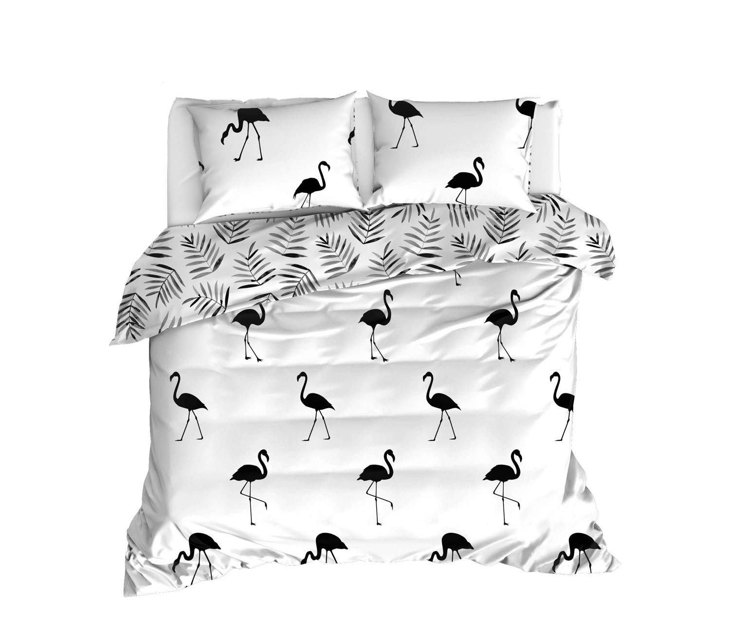Paradise RANFORCE 100% Cotton Flamingo Print Bedding Set - Full/Queen Size Reversible Quilt Duvet Cover Set in Black & White - 4 Piece Comforter Set for Tropical & Modern Bedroom Decor