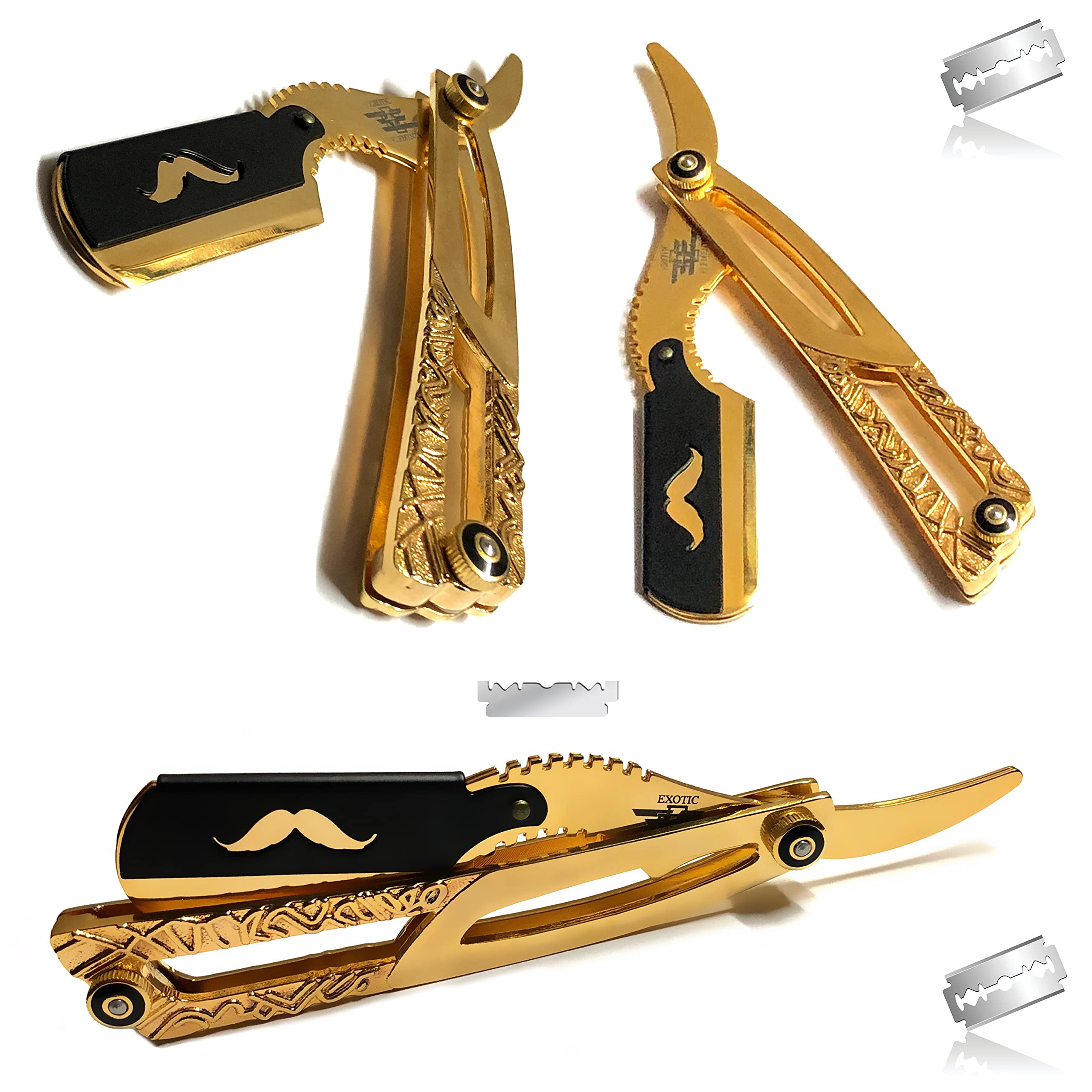Premium Gold-Plated Barber Straight Razor - Classic Folding Shaving Razor with Black Handle & Recyclable Blades for Men's Grooming, Shaving & Beard Care | Professional Salon & Home Use