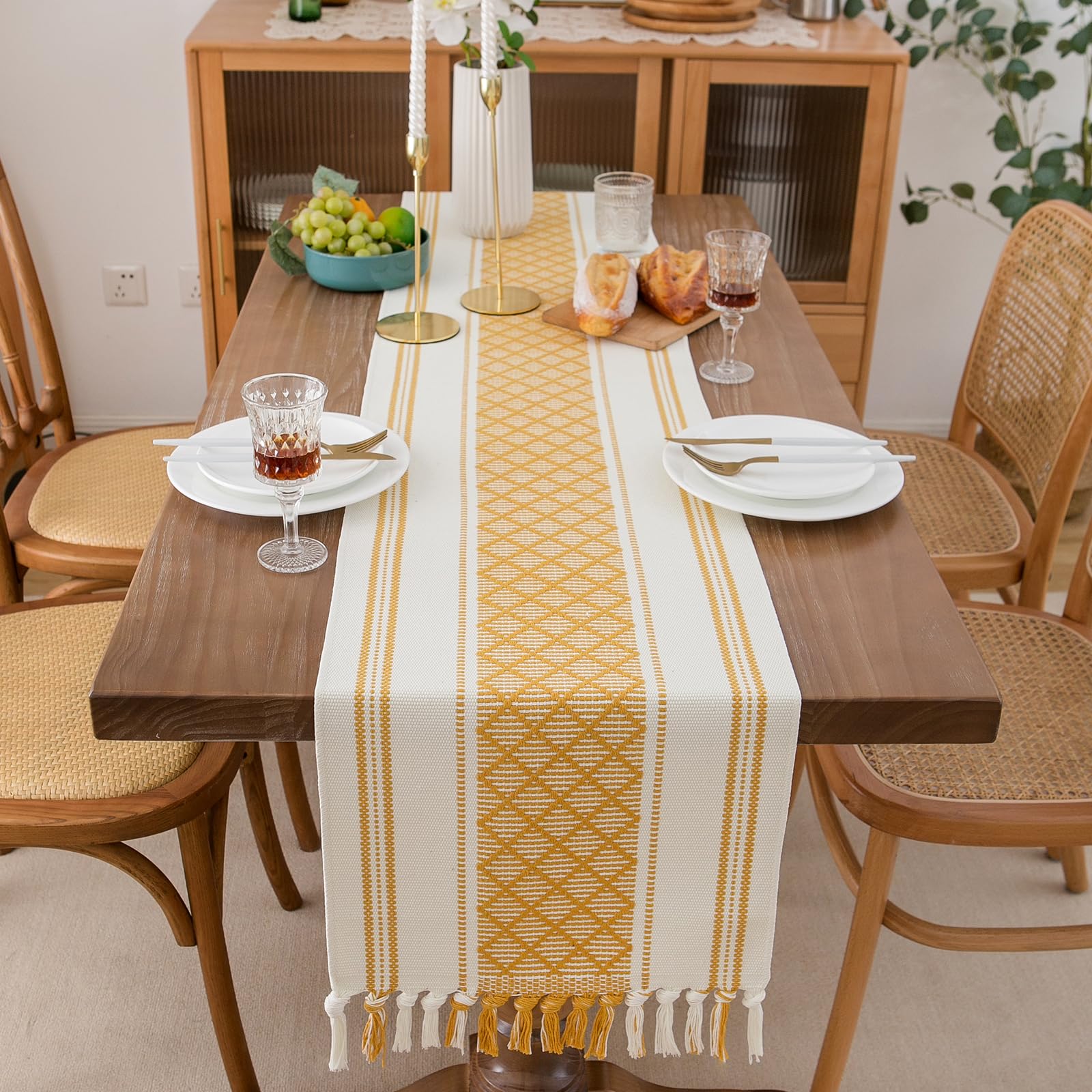 Boho Table Runner 14 x 72 Inches - Farmhouse Style Woven Tablecloth with Yellow & White Hand-Tassels for Wedding Decor, Dining Room Table Decorations, Dresser Decor & Boho Home Decor | Perfect for Rustic Weddings, Farmhouse Dining & Bohemian Home Styling