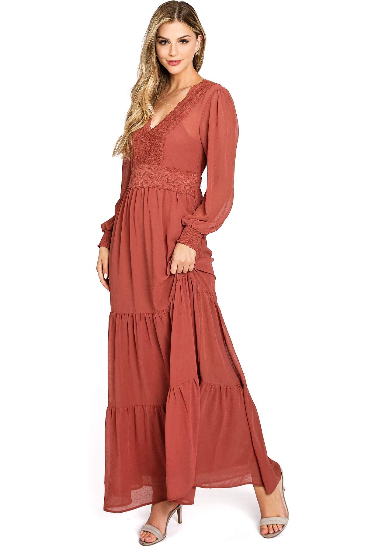 Love Stitch Women's Elegant Chiffon Long Sleeve Lace Trim Maxi Dress - Formal Evening Gown for Weddings, Parties & Special Occasions