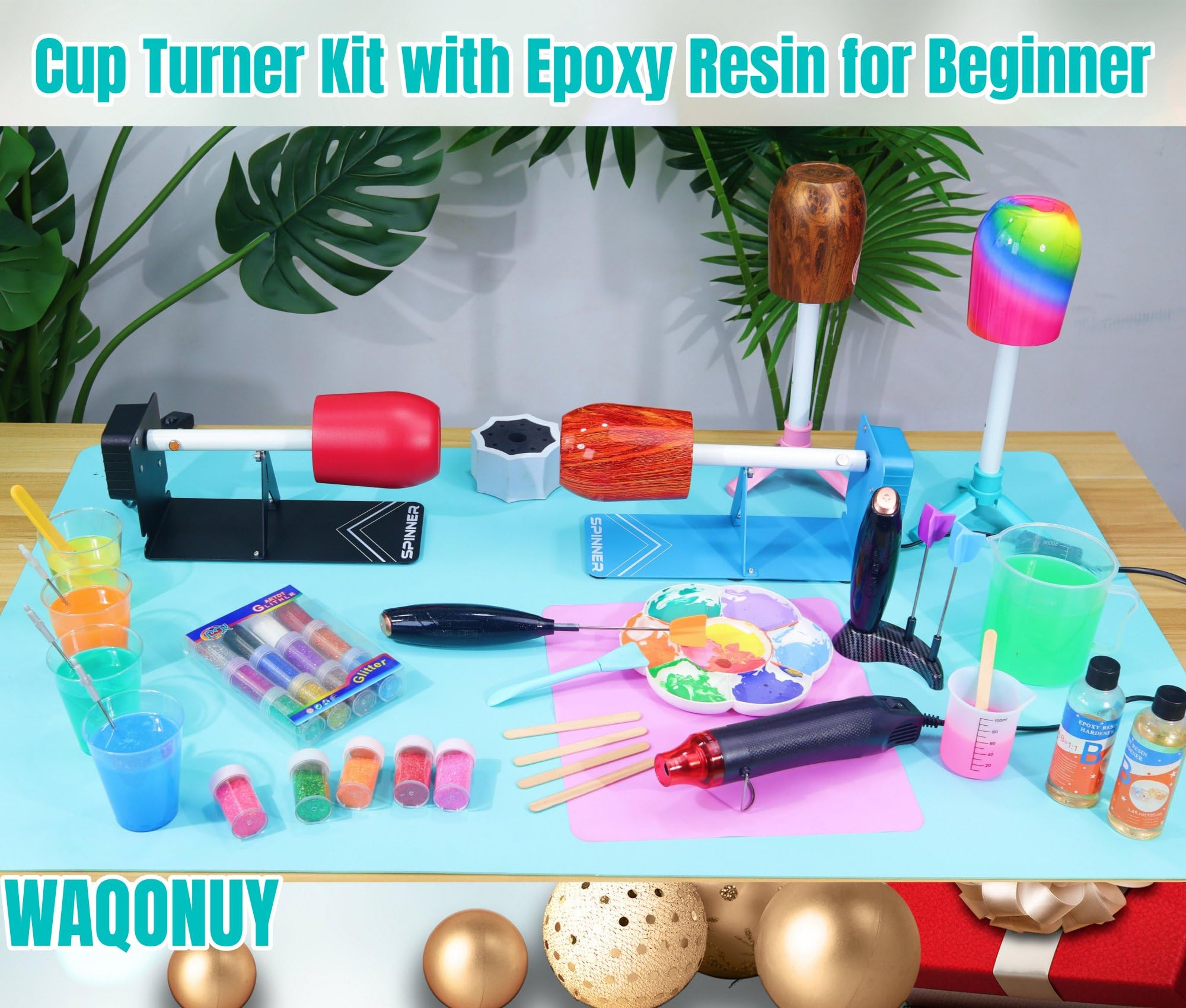 WAQONUY DIY Epoxy Tumbler Cup Turner Kit - Complete Set with Spinner Machine & Heat Gun for Glitter Tumbler Making - Perfect for Crafting Custom Drinkware (Blue) - Ideal for Home DIY Projects & Small Business Craft Production