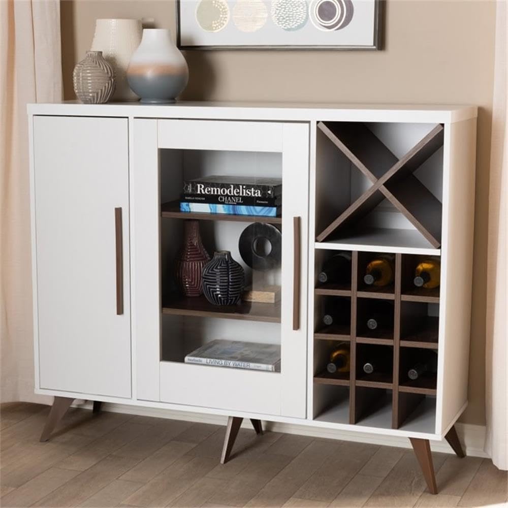 BOWERY HILL White and Brown Wine Cabinet - Rustic Wood Wine Storage for Kitchen, Dining Room or Bar - Perfect for Wine Bottle Organization and Display