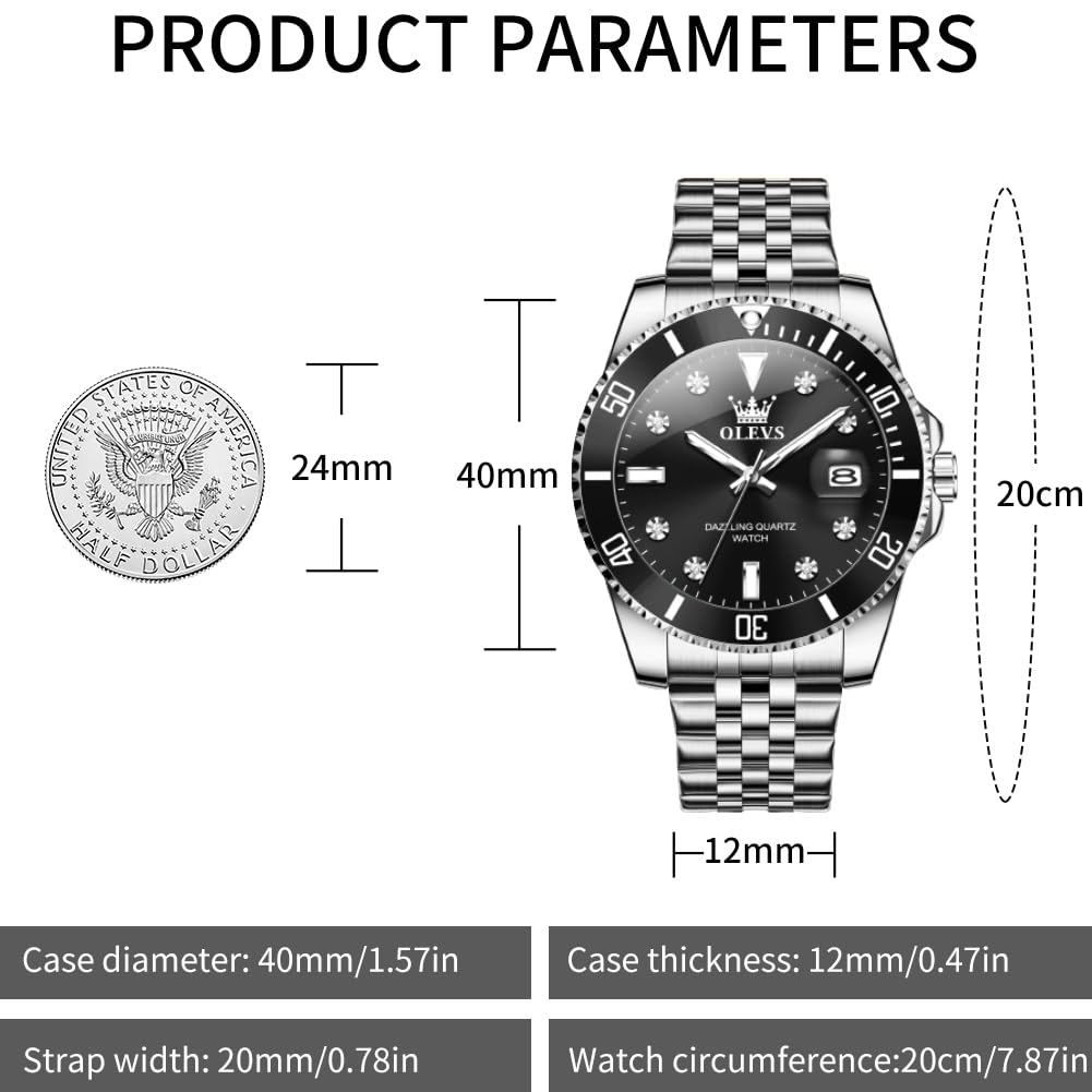 Premium OLEVS Men's Stainless Steel Business Watch - Diamond Accent Large Dial, Date Display & Waterproof - Ideal for Office Wear, Formal Events & Daily Use