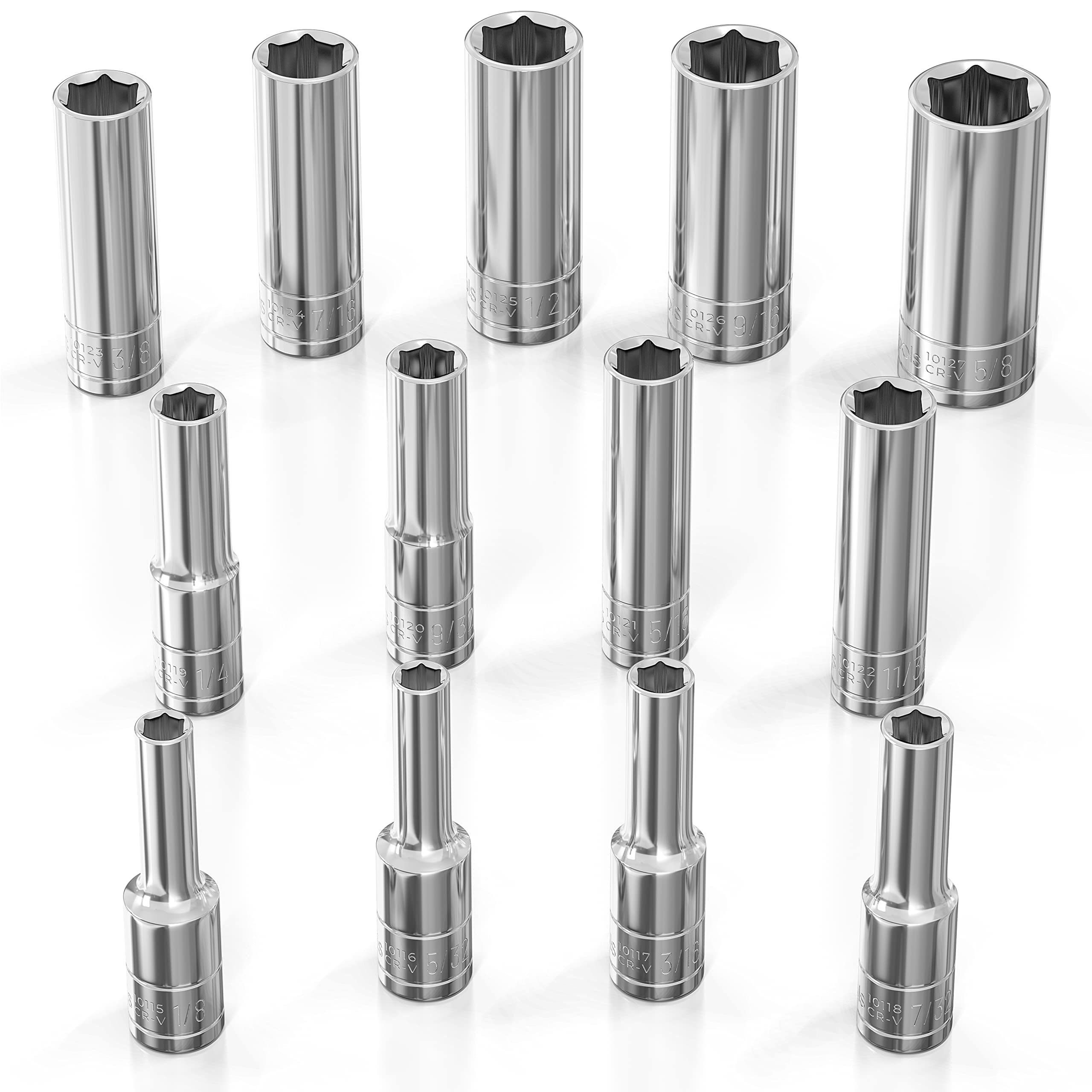 Olsa Tools 13-Piece SAE Socket Set - 1/4-Inch Drive 6-Point Deep Sockets (1/8