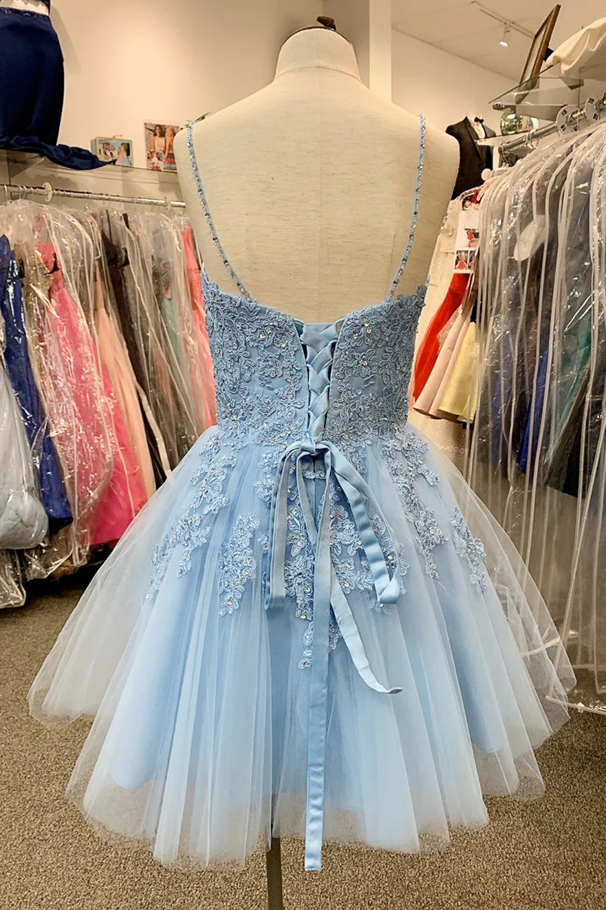 Elegant Sky Blue Homecoming Dress with V-Neck & Lace Beading - Perfect for Prom, Hoco, and Formal Events