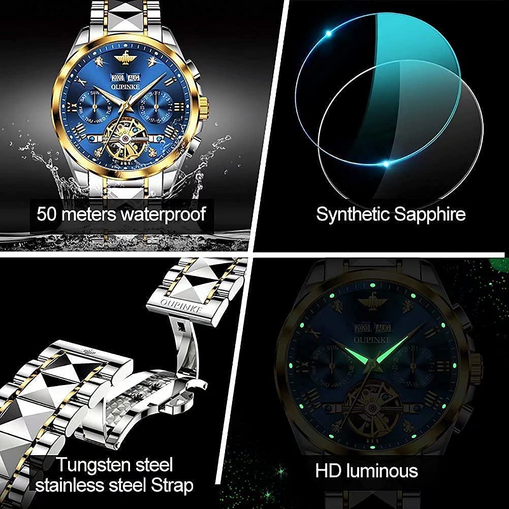 OUPINKE Men's Automatic Diamond Skeleton Mechanical Self-Winding Luxury Dress Watch - Sapphire Crystal & Tungsten Case - Perfect for Business, Formal Events & Gift Giving