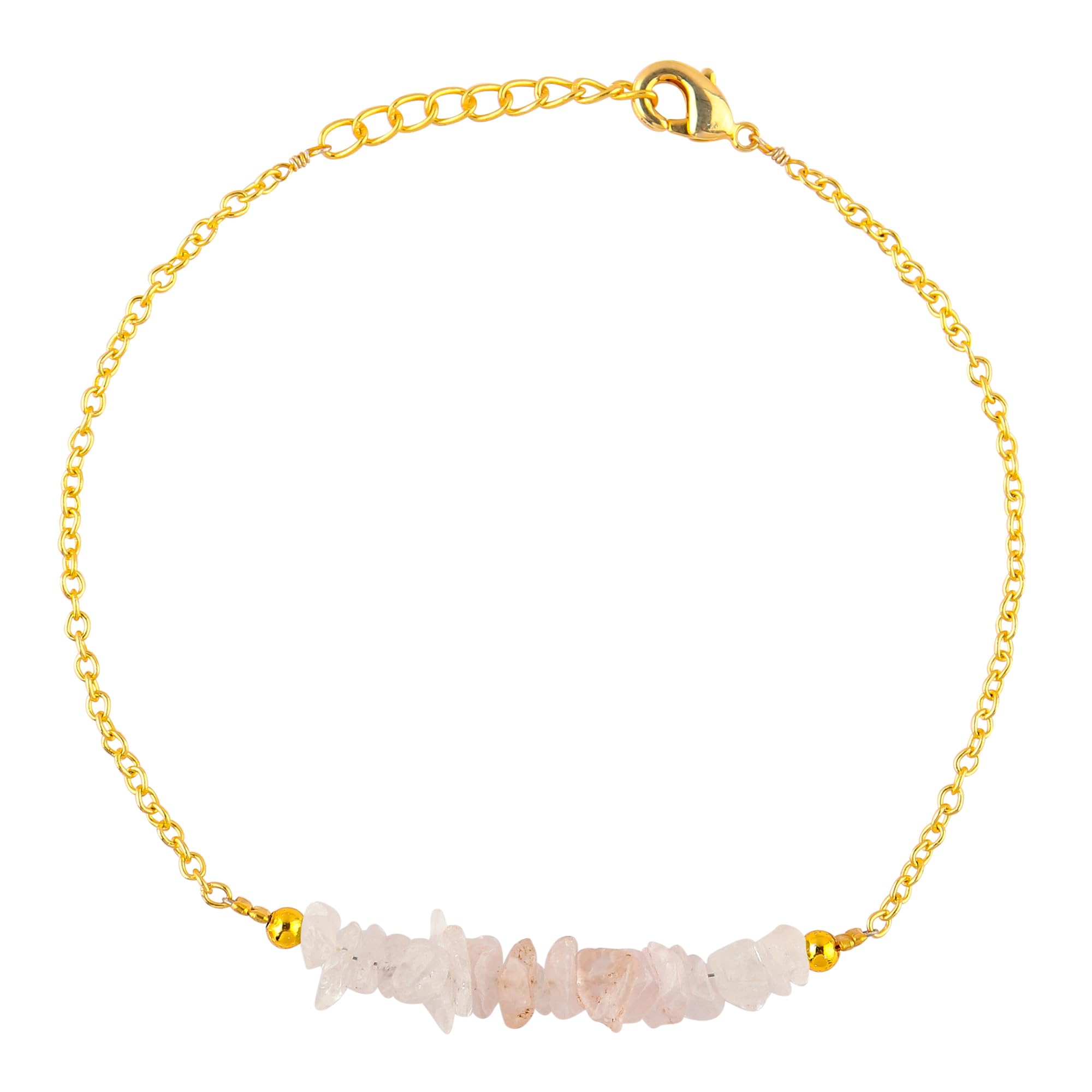 Natural Rose Quartz Chips Bar Bracelet - Healing Crystal Energy Jewelry with Gold Plated Raw Beads, Adjustable 7-8 Inch Chain - Spiritual Gift for Women, Valentine's Day Present - Perfect for Meditation, Yoga & Positive Energy Boosting