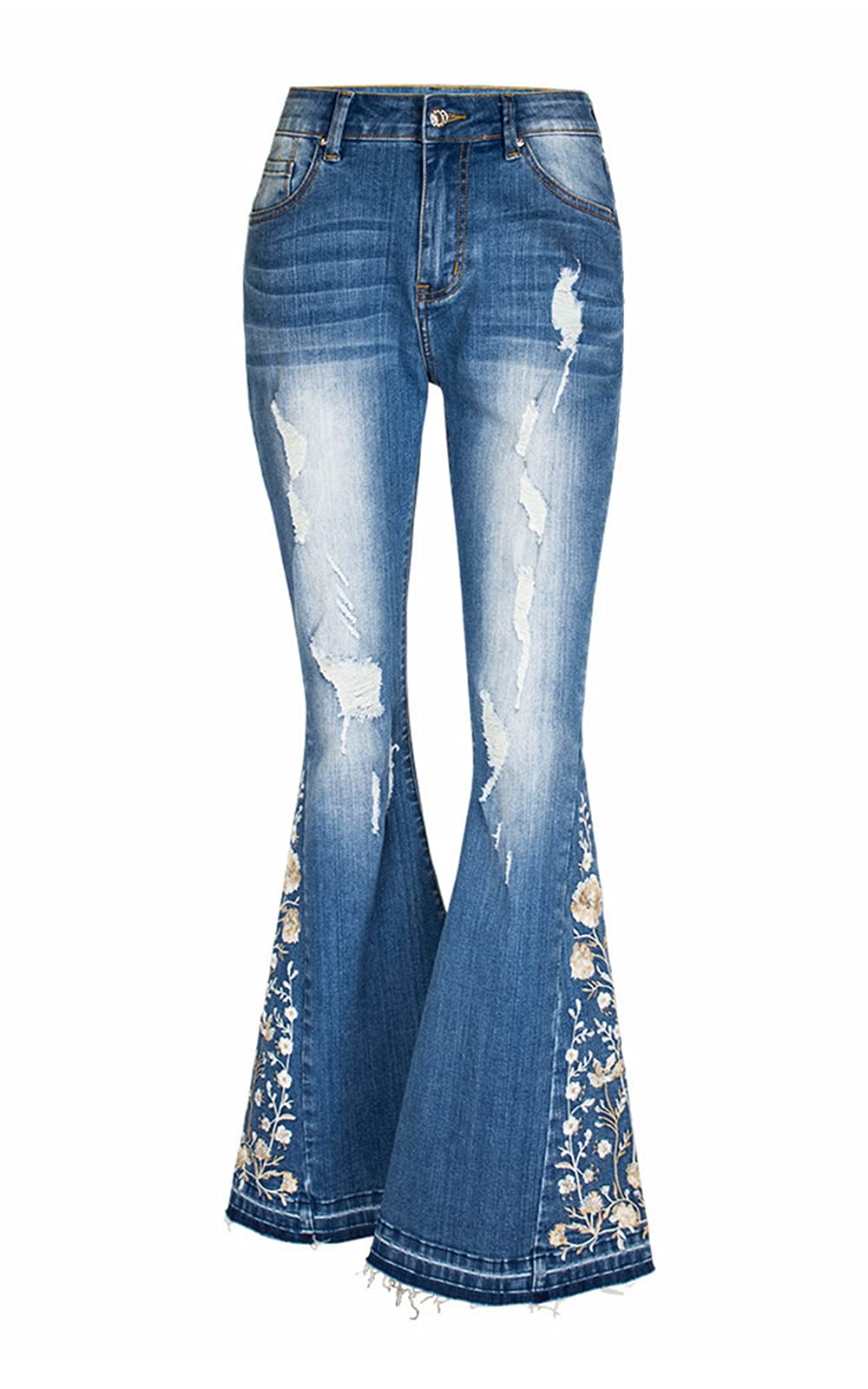 Women's Classic Ripped Flare Jeans - Mid Rise Distressed Embroidered Stretch Bell Bottom Pants for Casual Outfits & Vintage Style Fashion