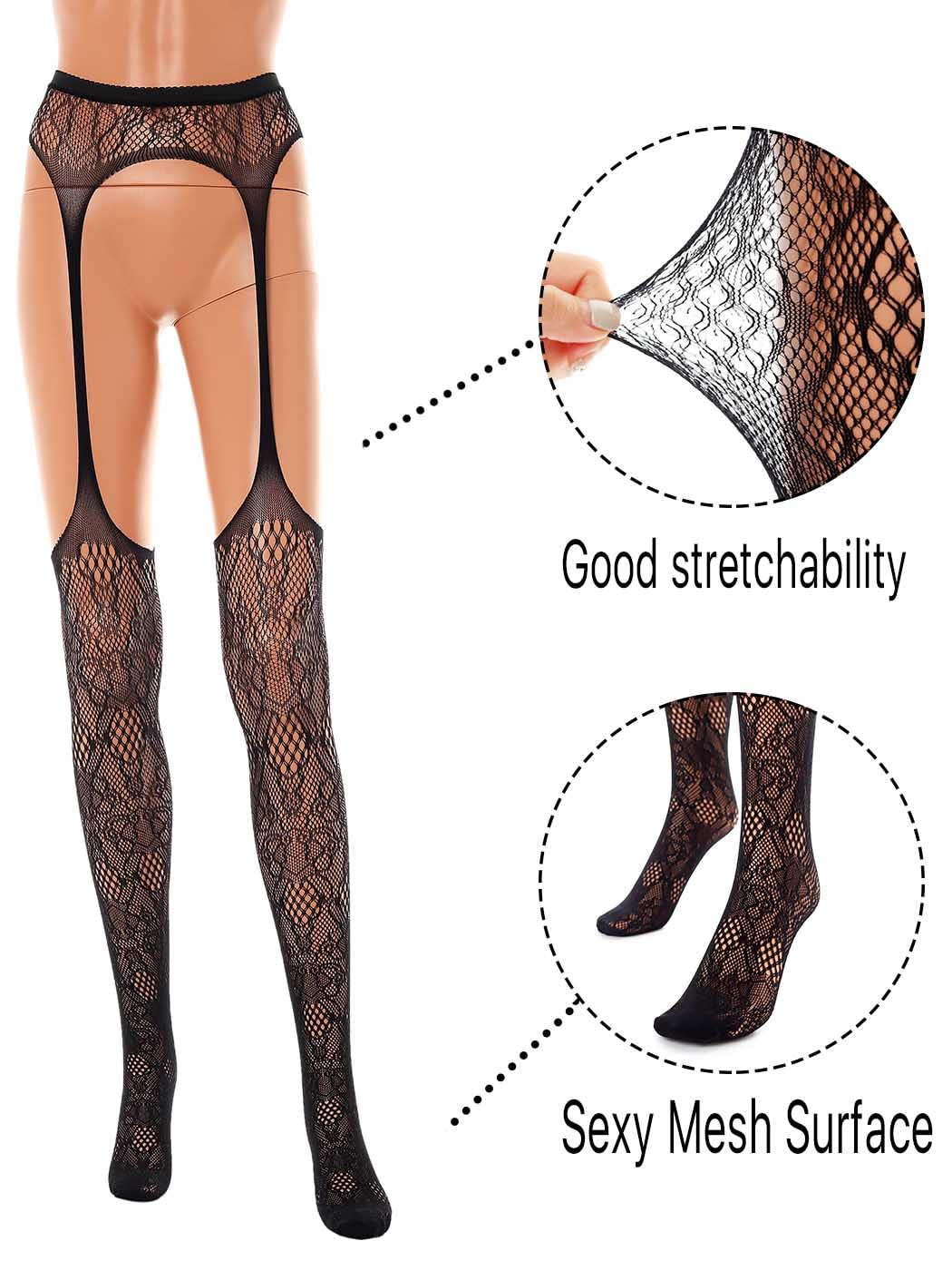 Barode Women's Fishnet Stockings - Sexy Tight High Stockings with Suspender, Patterned Tights in Black (Medium) | Perfect for Halloween, Cosplay & Night Out